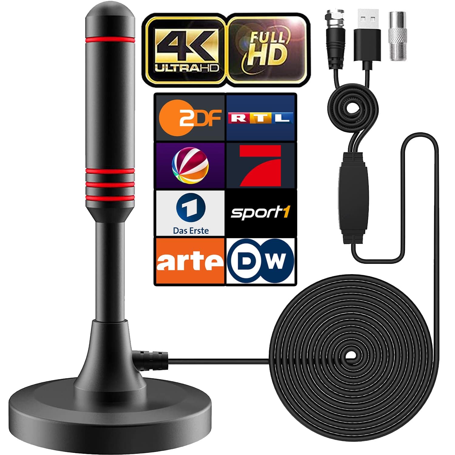 DVB-T/DVB-T2 Antenna with Amplifier - HDTV Indoor Antenna for Televisions, Long Range and 360° Reception, with Magnetic Base - 5 Metre Cable, Supports 4K HD Channels and All TVs