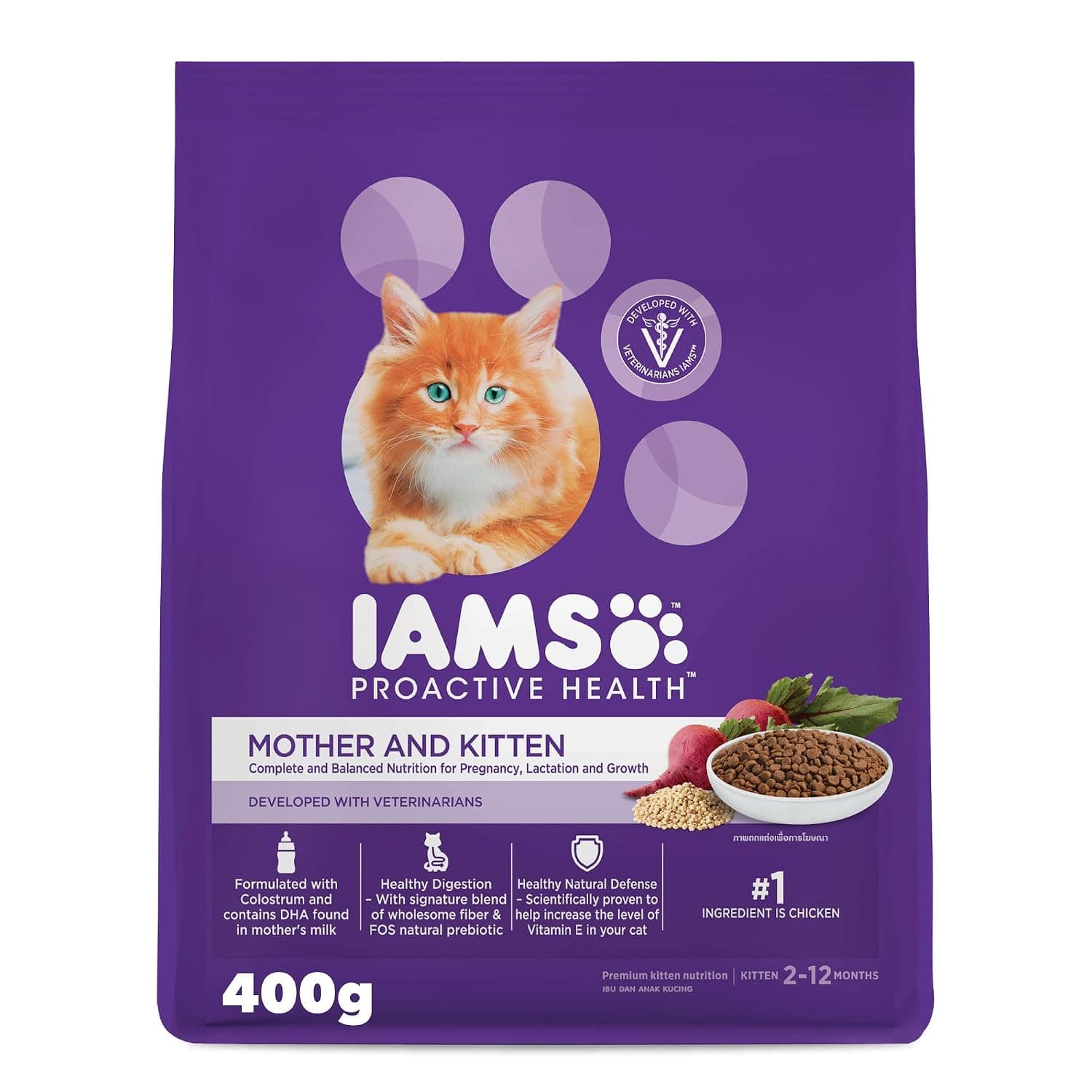 IAMS Proactive Health Mother & Kitten Dry Premium Cat Food With Chicken, 400 g