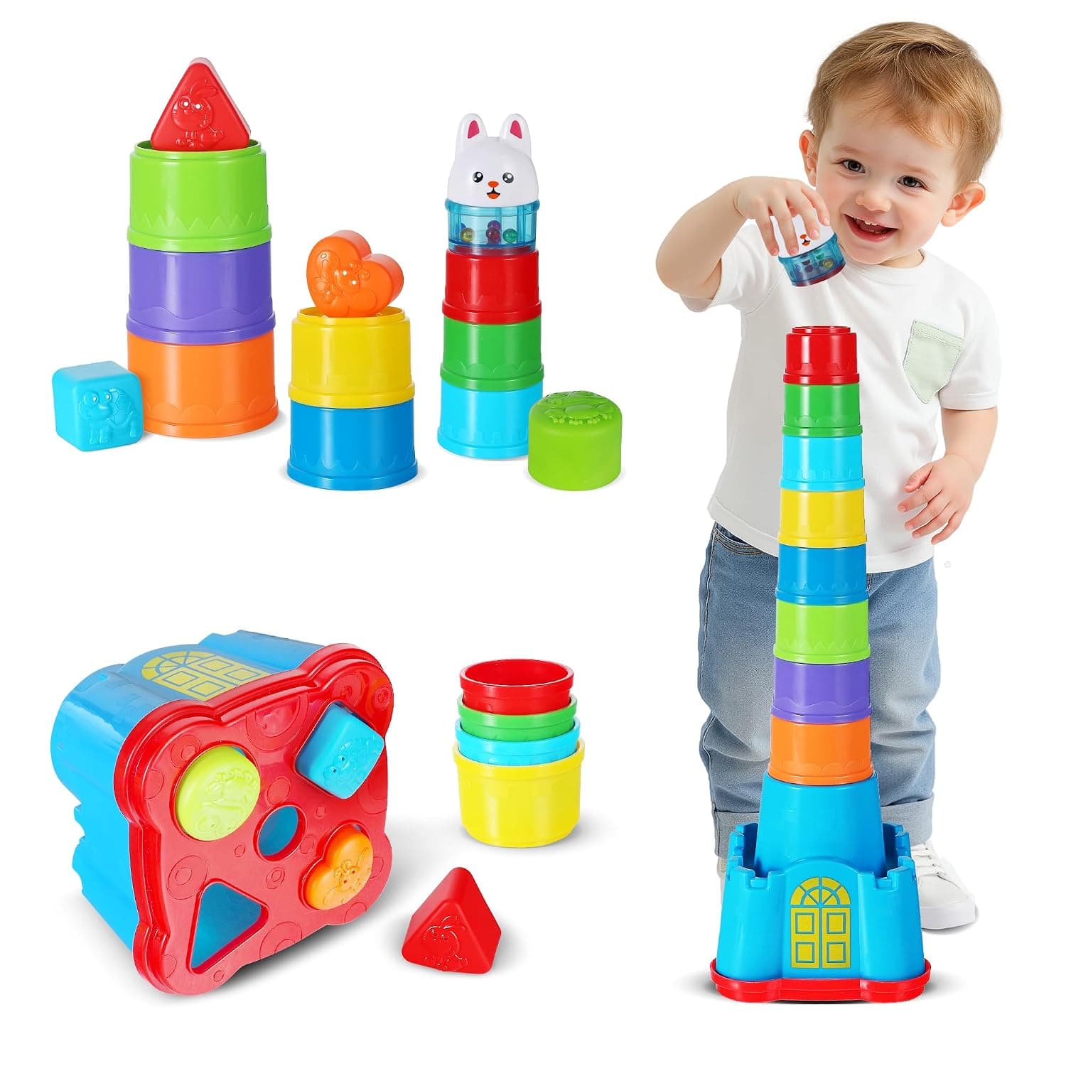 iPlay, iLearn Baby Stacking Toys, Toddler Nesting Stack Cups, Infant Stackable Block, Kids Sorting Game W/Shape Sorter for Sand Bath, Birthday Gifts for 12 18 24 Month, 1 2 3 Year Old Boys Girls