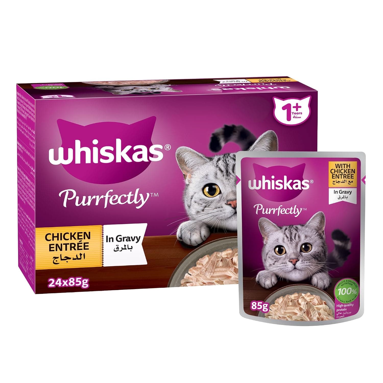 Whiskas Purfectly Cat Food, Chicken Entrée in Gravy, 24 x 85 g, Wet Cat Food for Cats 1 Year and Over, Whiskas Wet Food 100% Complete and Balanced Nutrition