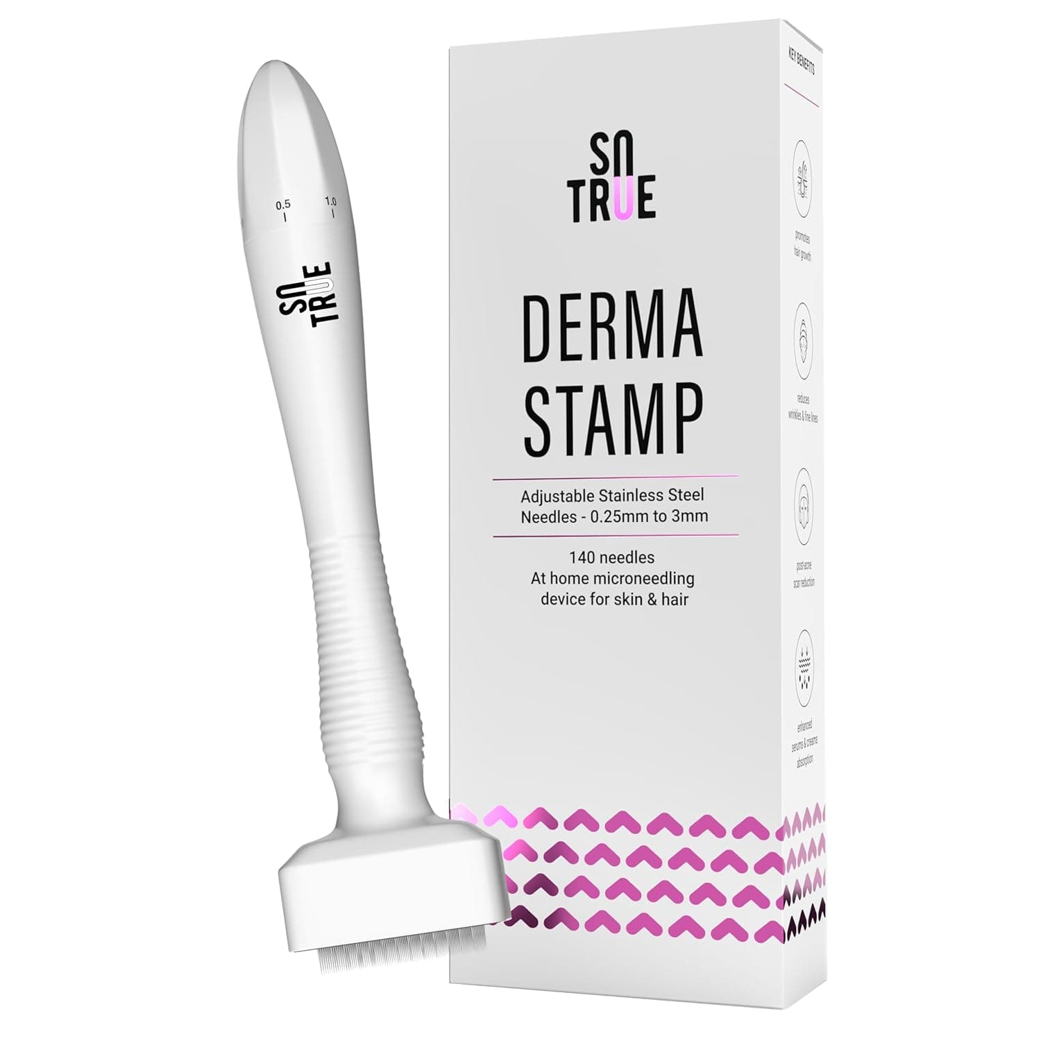 Sotrue Derma Stamp for Hair Growth | Stainless Steel Coated Adjustable Needles 0.25mm to 3mm | 140 Microneedling Stamp for Skin Repair, Face, Hair & Beard Growth | Reduces Acne Scars | Safe &