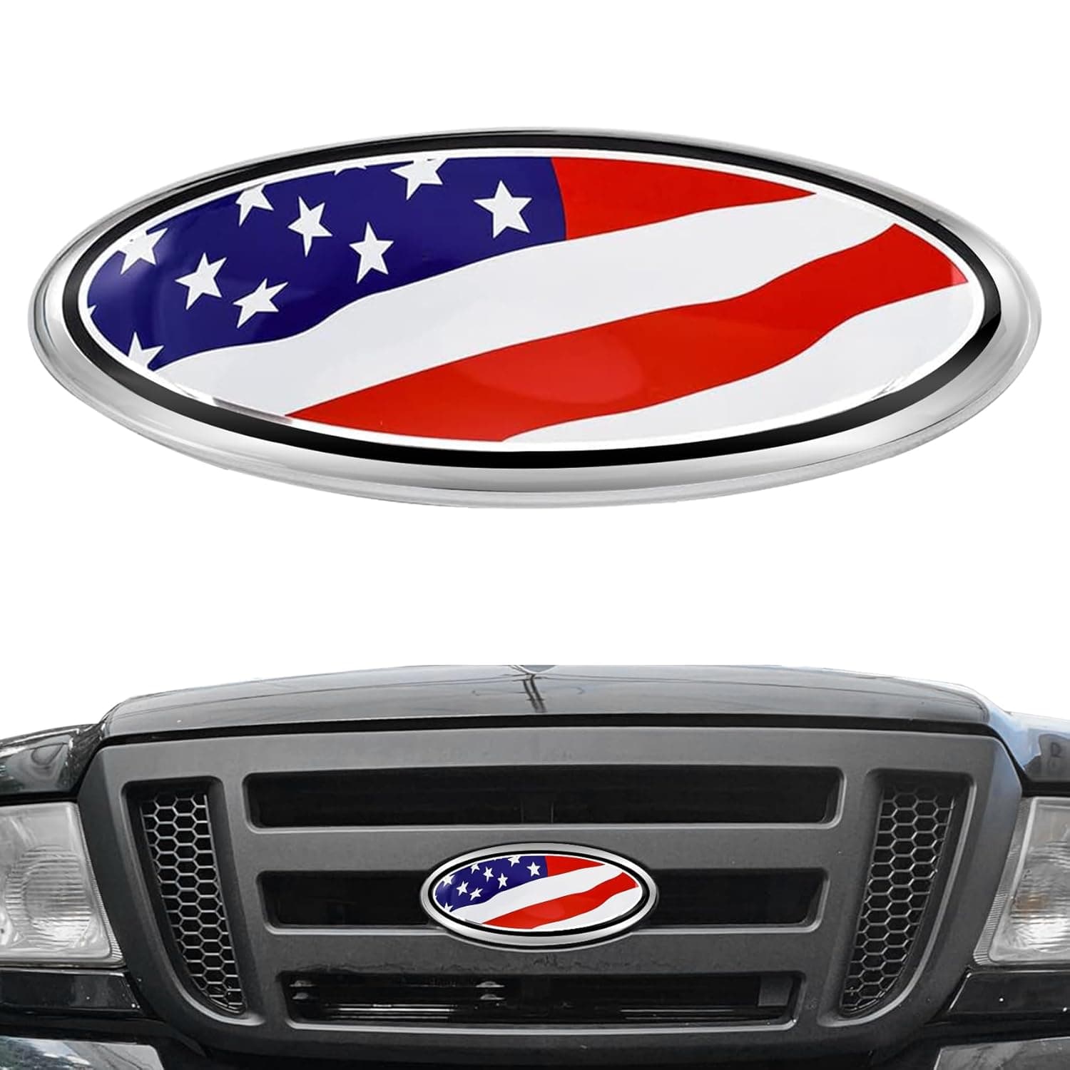 9 Inch Front Grill Rear Tailgate Emblem for 04-14 F150, 11-14 Edge, 11-16 Explorer, 06-11 Ranger, 07-14 Expedition Exterior Accessories Decor Overlay American Flag Oval Emblem Protector Decor Decal