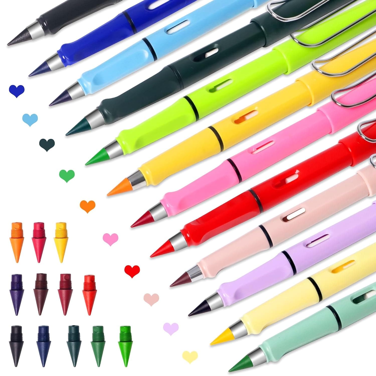 12 Colors Forever Pencil With Erase, Long Lasting Writing Infinity, Inkless Eternal With Extra 12 Replaceable Heads for Sketch, Drawing, School Supplies