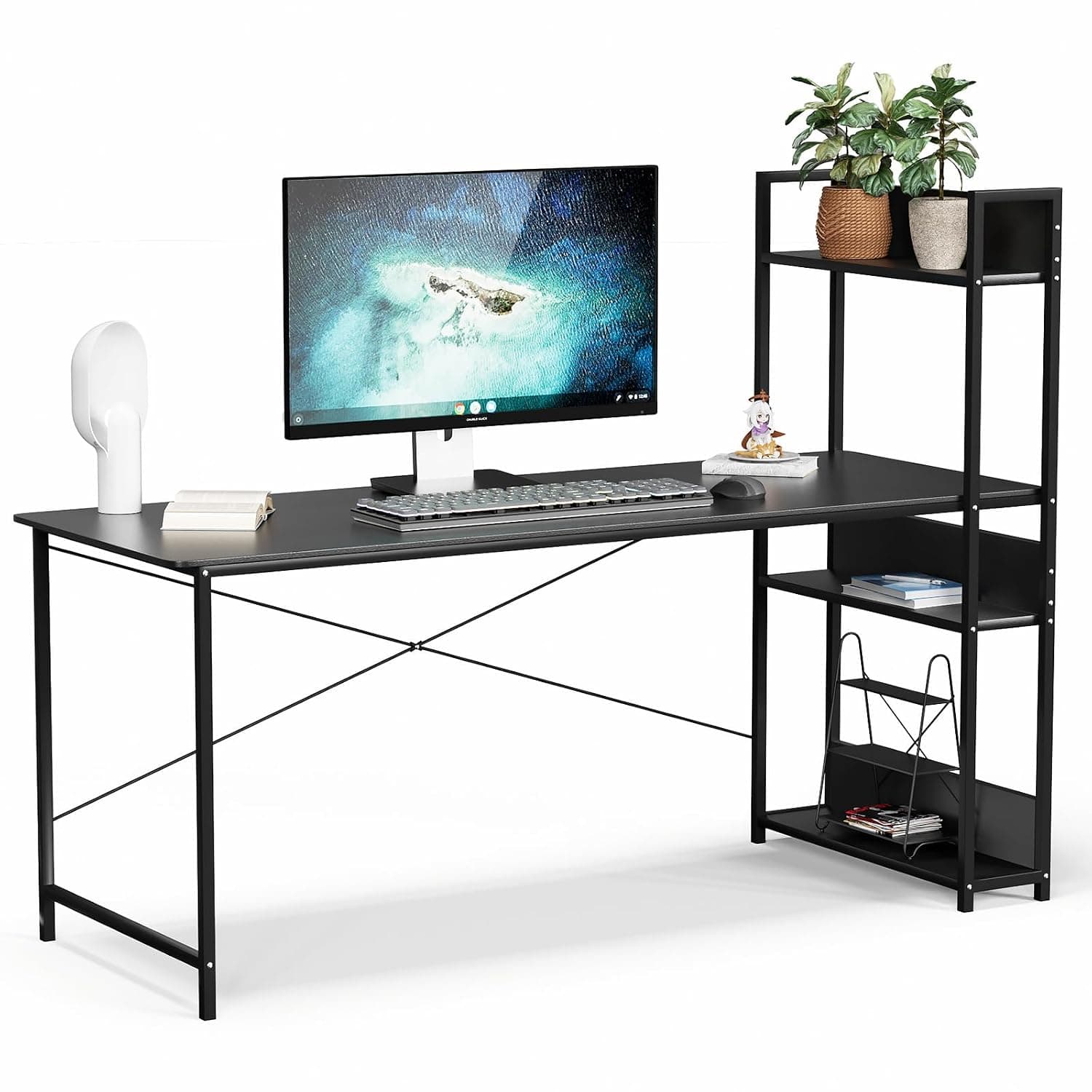 ZERIFAM 120 * 60cm Computer Desk with 4-Tier Shelves - Computer Study Table with Bookshelf for Home Office Workstation, Study Desk for Small Space, Industrial Modern Style(Black)