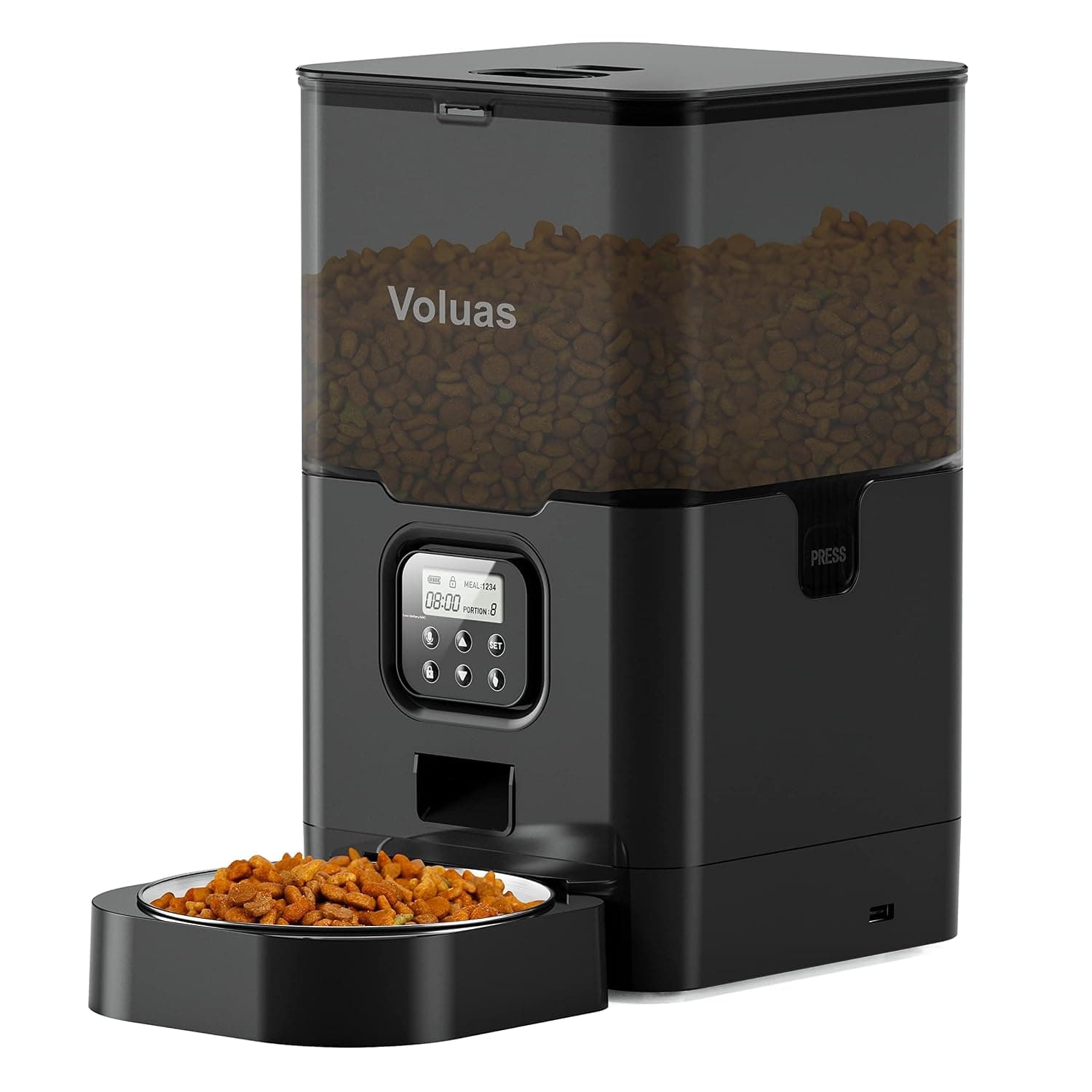 Voluas Automatic Cat Feeder - Programmable Pet Food Dispenser for Cats, Dogs with 40 Serving Capacity - USB Power Cable & Battery Operated - Anti-Clogging, Easy to Clean - 6L, 7.71x7.71x11.8”, Black