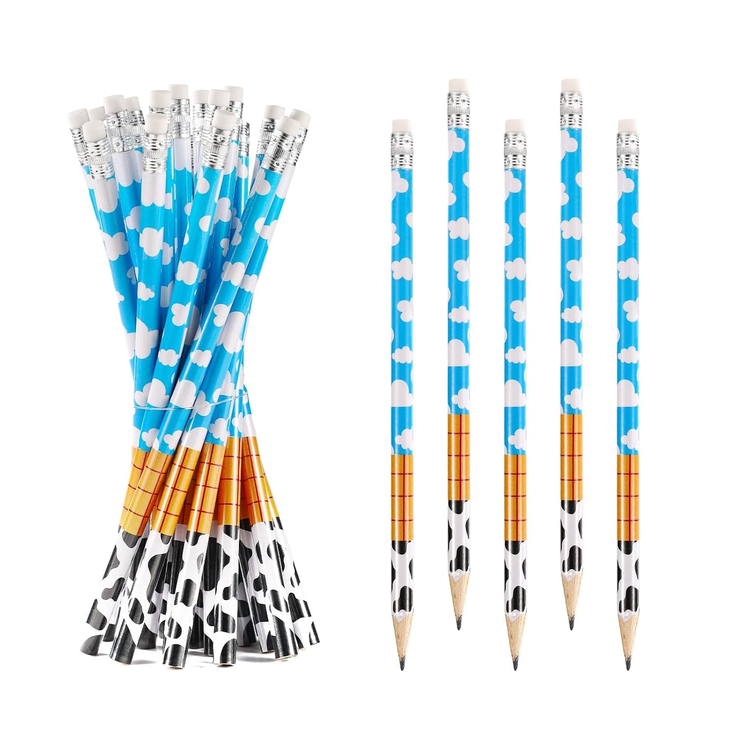 Gosknor Pack of 20 Pencils with Toy Motifs, Wooden Pencils with Cartoon Characters with Eraser, Cute Pencil with Cow Motifs for Children, Party Gifts, School, Office Supplies, Reward, Classroom