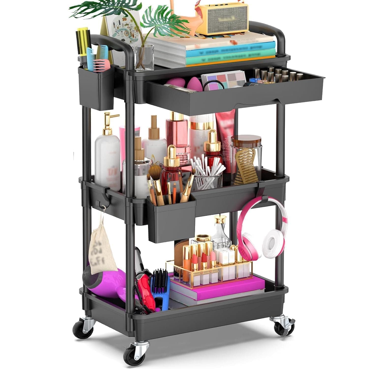 3-Tier Mobile Storage Trolley with Detachable Drawer, Black – Heavy-Duty Rolling Organizer Cart with 2 Brake Wheels, Ideal for Bathroom, Kitchen, Snacks, Crafts, Cosmetics and Baby Supplies