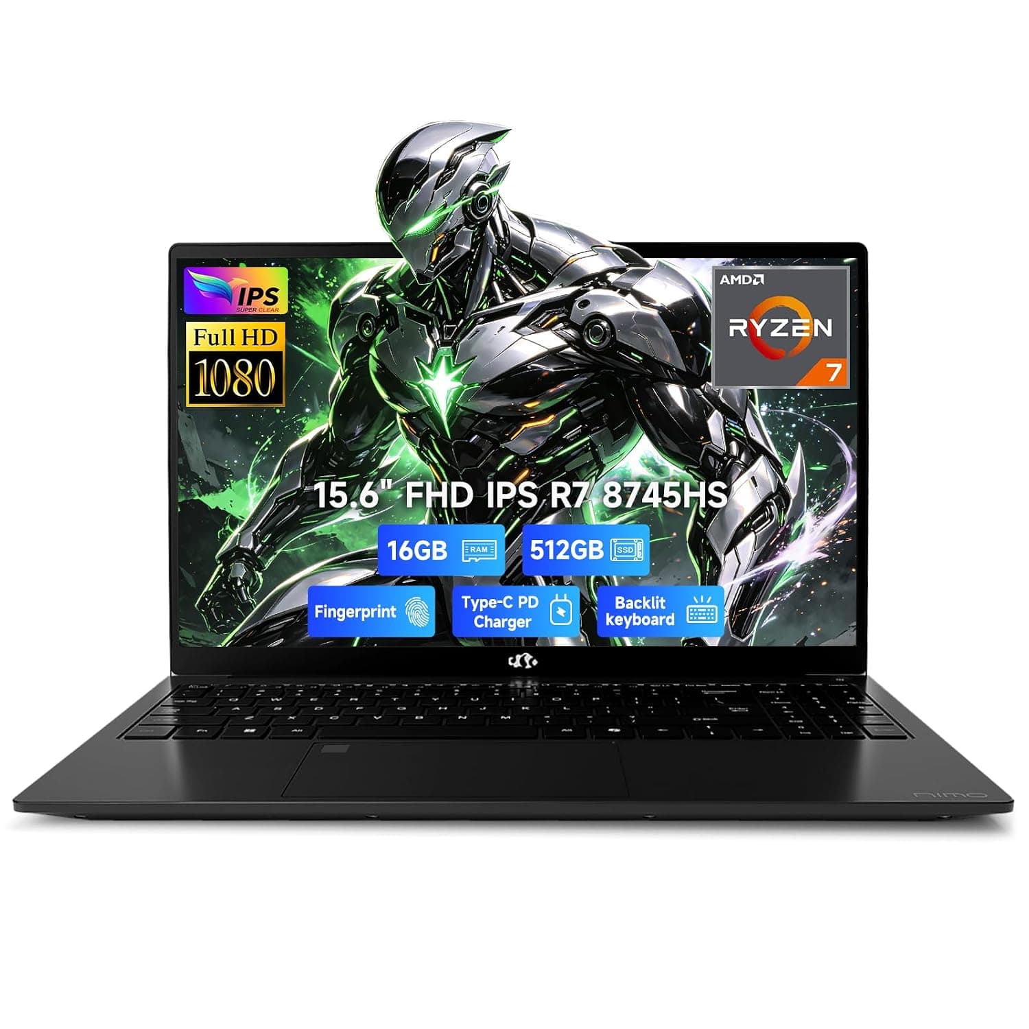NIMO Light-Gaming-Laptop, Ryzen 7 8745HS (8C/16T) 16GB DDR5 512GB SSD, Radeon 780M, 75WH 100W PD 15.6” FHD Backlit KB, Fingerprint, WiFi 6E, Business Laptops for Video Editing Creator
