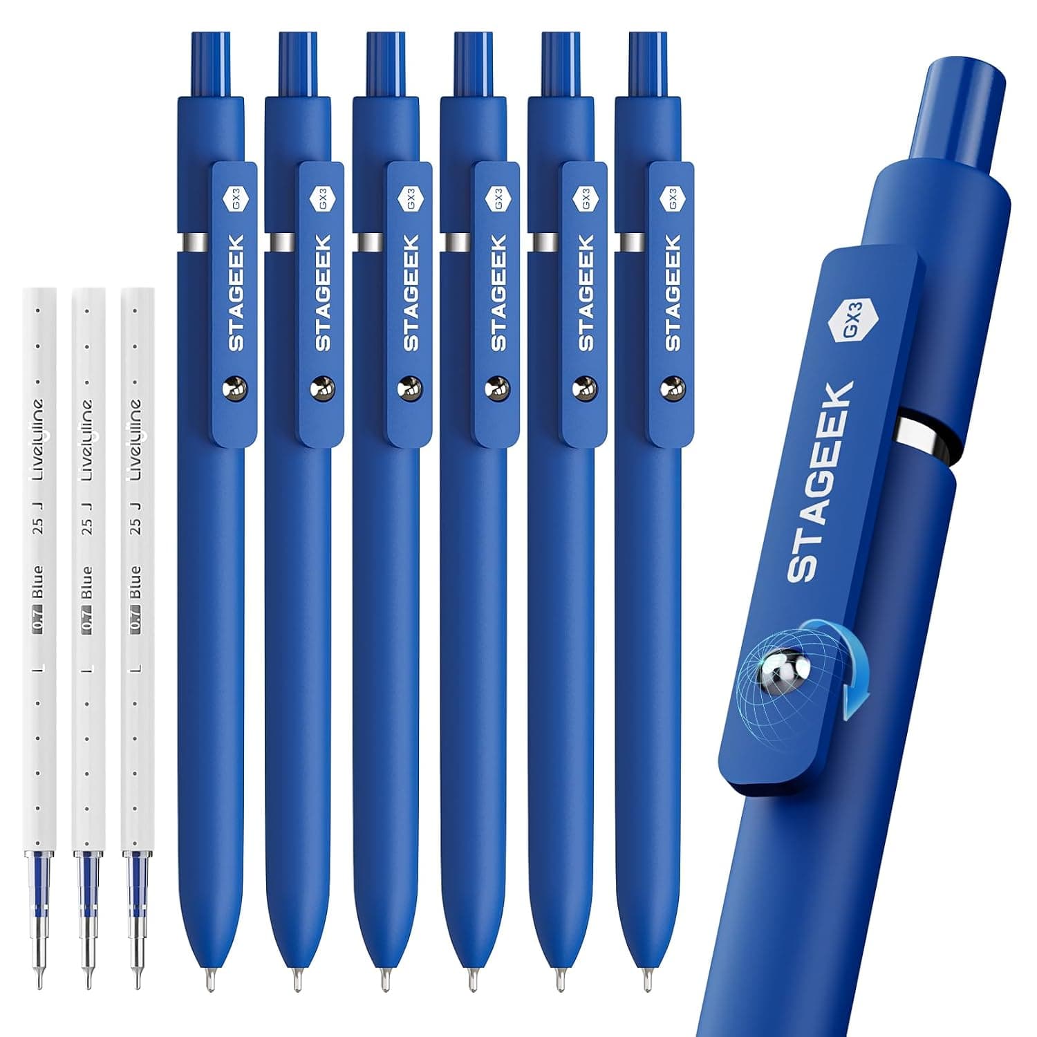 STAGEEK Blue Gel Pens 6 Pack Fine Tip Smooth Writing with 3 Extra Refills Quick Dry Blue Ink Pens for Journals Office Notes School Supplies