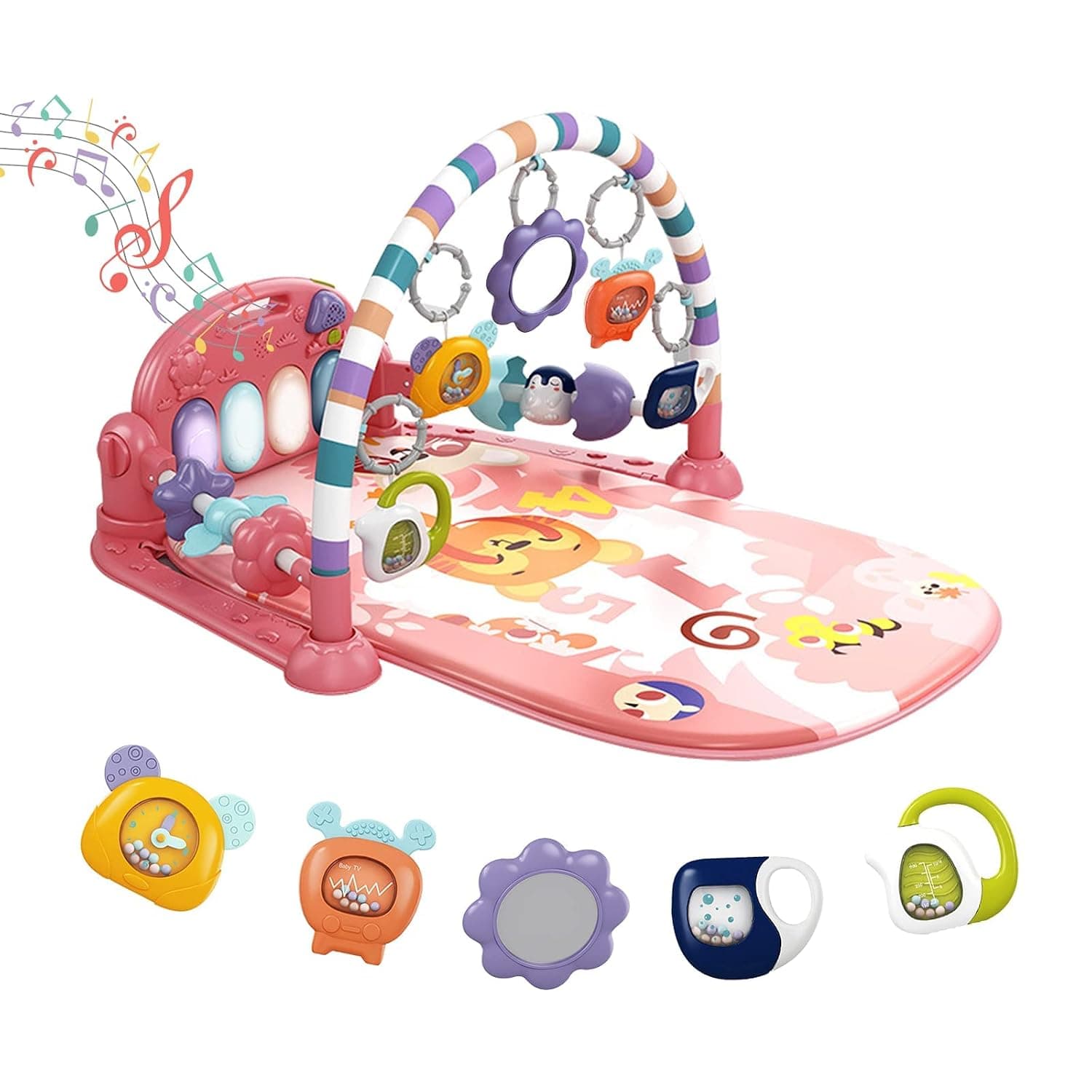 Baby Play Mat Gym, Kick and Piano Tummy Time Activity Gym with 5 Infant Learning Sensory Toys, Music Lights Boy & Girl Gifts for Newborn 0 to 3 6 9 12 Months (Pink)
