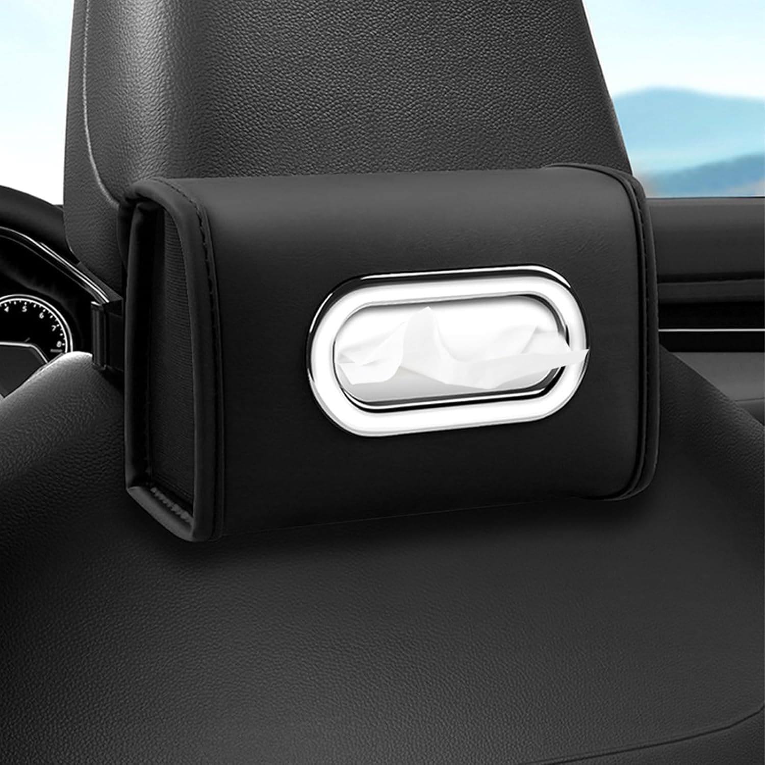 X spring Car Tissue Box Holder, PU Leather Rectangle Napkin Dispenser with Elastic Straps, Universal Backseat Organizer Case for 100 to 155mm Tissues, Fits Most Vehicles SUV and Trucks, Black