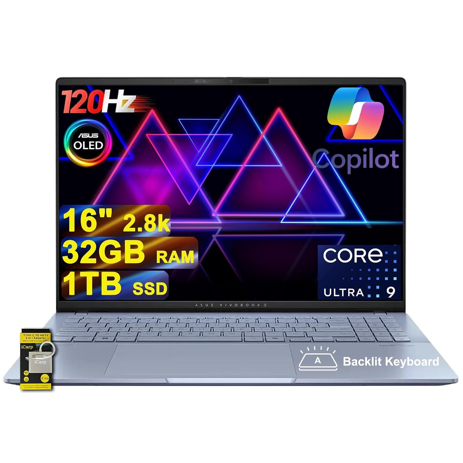 ASUS Vivobook S16 AI PC Laptop 16" 2.8k OLED 120Hz (600nits, 100% DCI-P3) Intel 24-core Ultra 9 285 32GB RAM 1TB SSD Backlit for Creator Designer Business Professional Win11 ICP Hub/Copilot+ AI