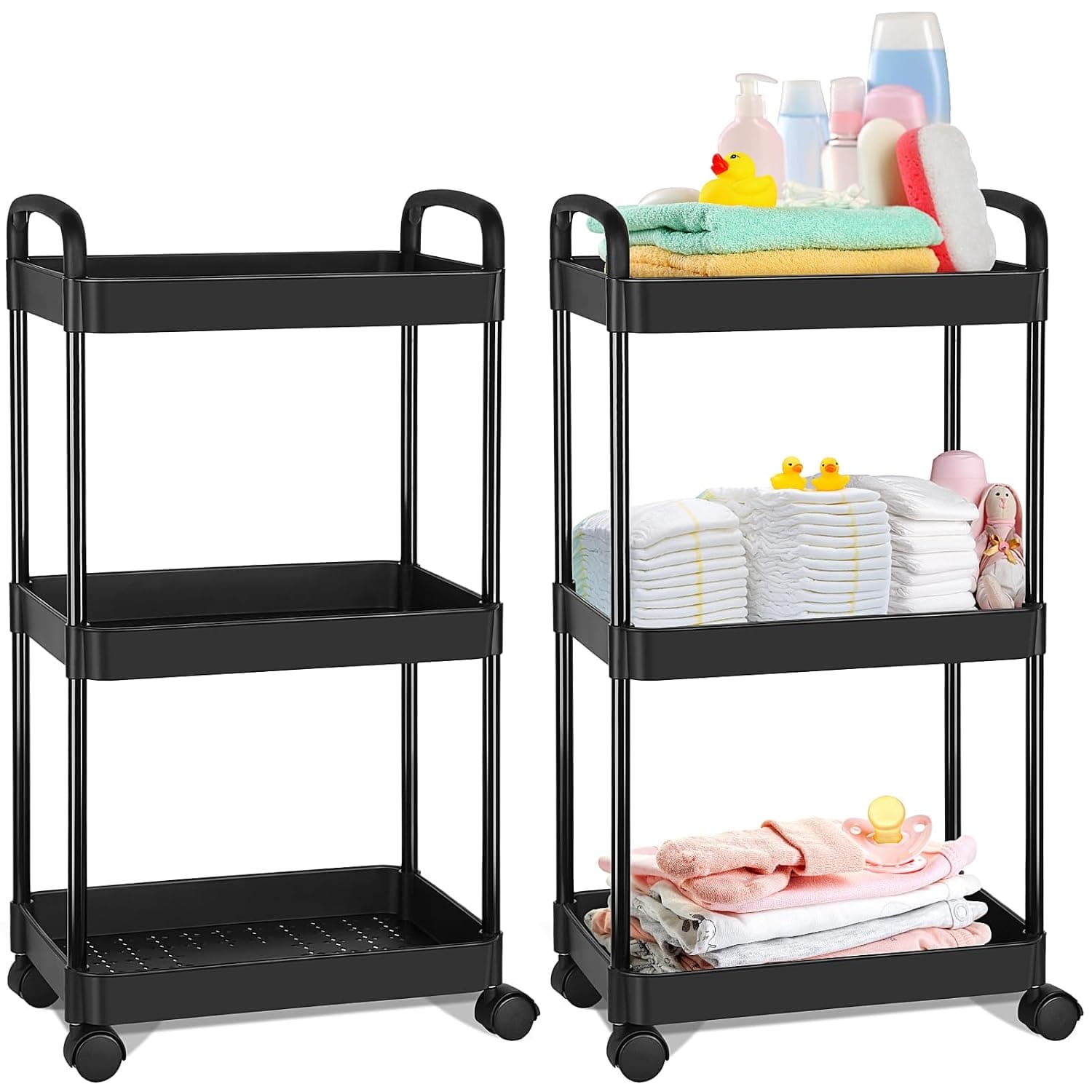 Barydat Baby Diaper Caddy Organizer, Rolling Plastic Movable Diaper Cart Essentials Baby Diapers Storage Organizer Newborn Nursery Essentials for Changing Tables, Crib, Baby Wipes (Black,3 Tiers)