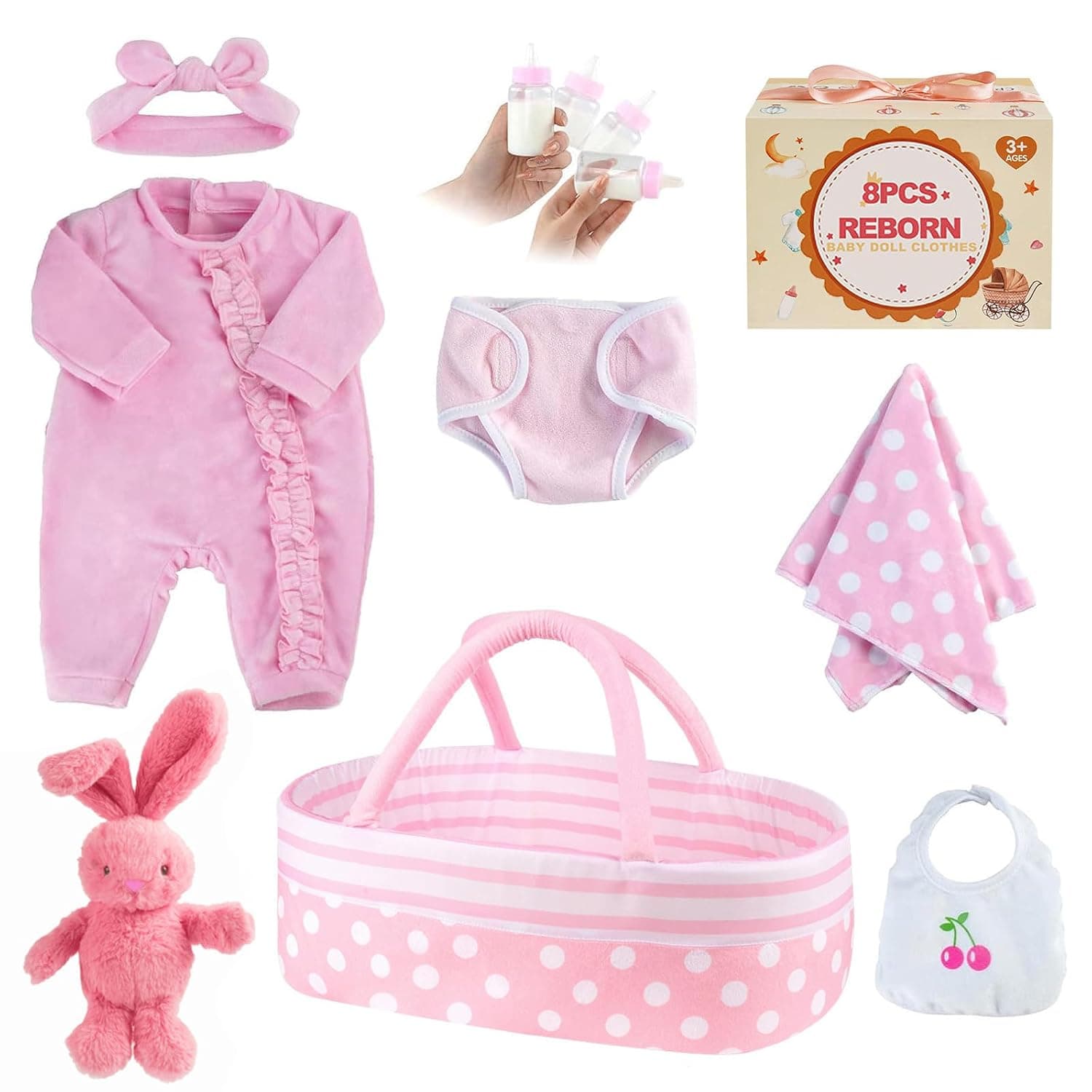 BABESIDE 8-Piece Rebirth Doll Clothes with Crib Fits 17-22 Inch Dolls, Doll Clothes Accessories for Newborn Doll Clothes (17-22 inch pink doll clothes accessories)