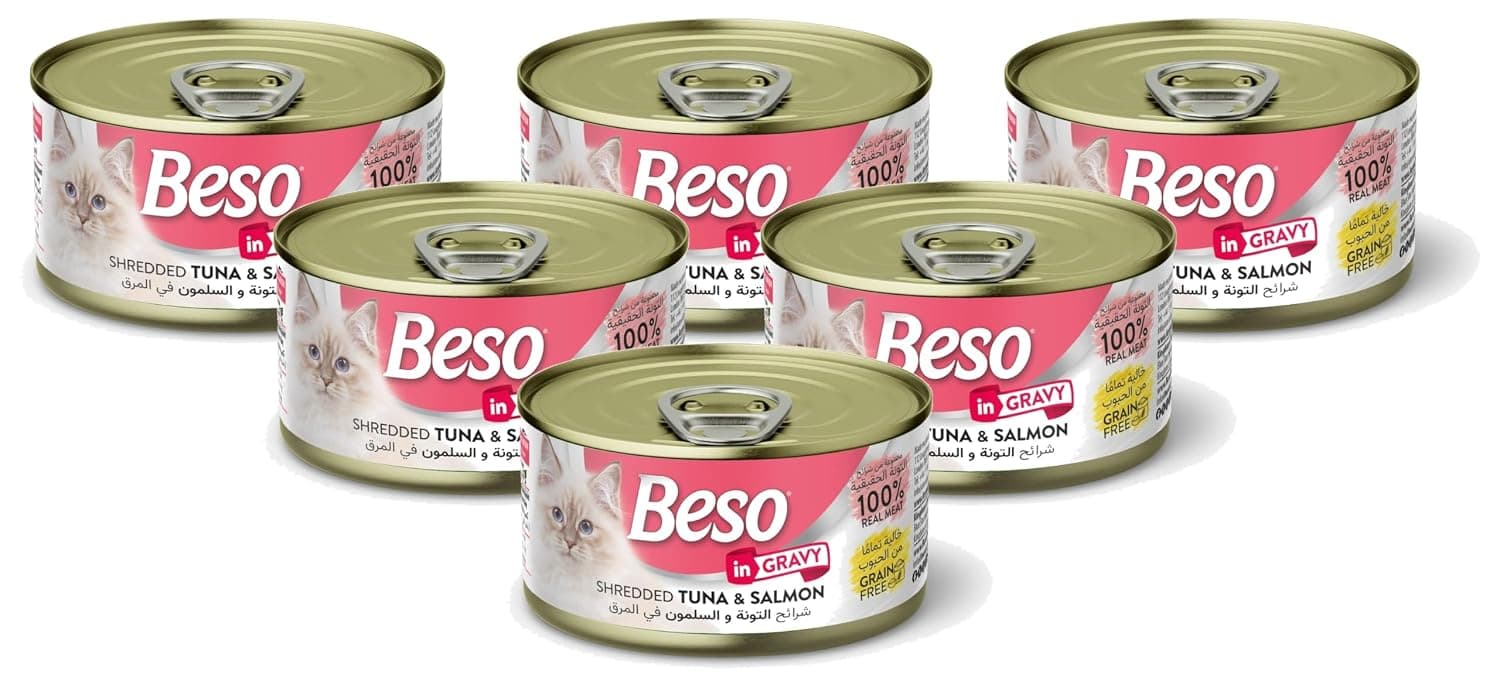 Beso Shredded Tuna & Salmon in Gravy for Adult Cats, Grain-Free Wet Cat Food | 100% Real Meat | 6 × 85g