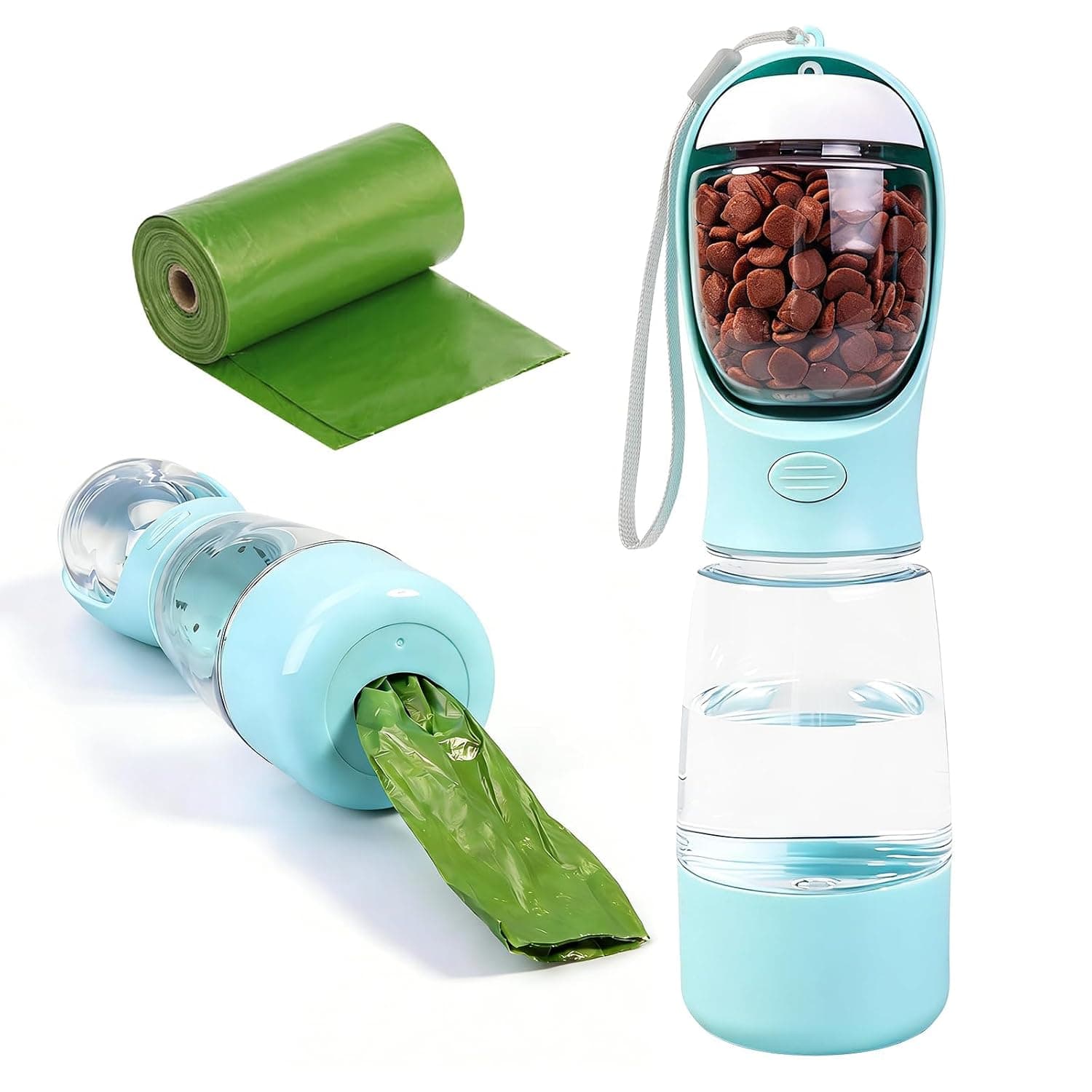 Portable Dog Water Bottle,4-in-1 Travel Pet Water Bottle with Food Container,Storage Capacity400 ml & 150 g,Built-in Waste Bag Outdoor Water Dispenser,Leakproof Design