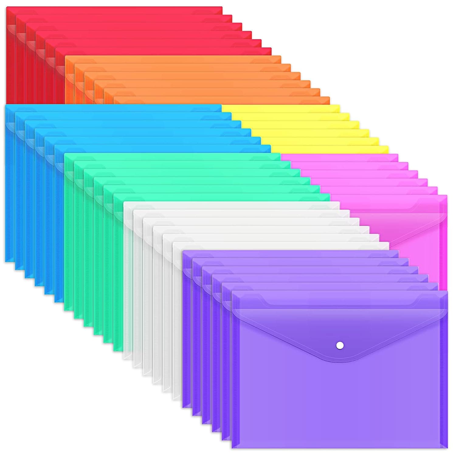 EOOUT 48 Pack Plastic Envelopes Poly Envelopes with Snap Closure, Clear Document File Folders, A4 Letter Size for School Home Work Office Organization, 8 Colors