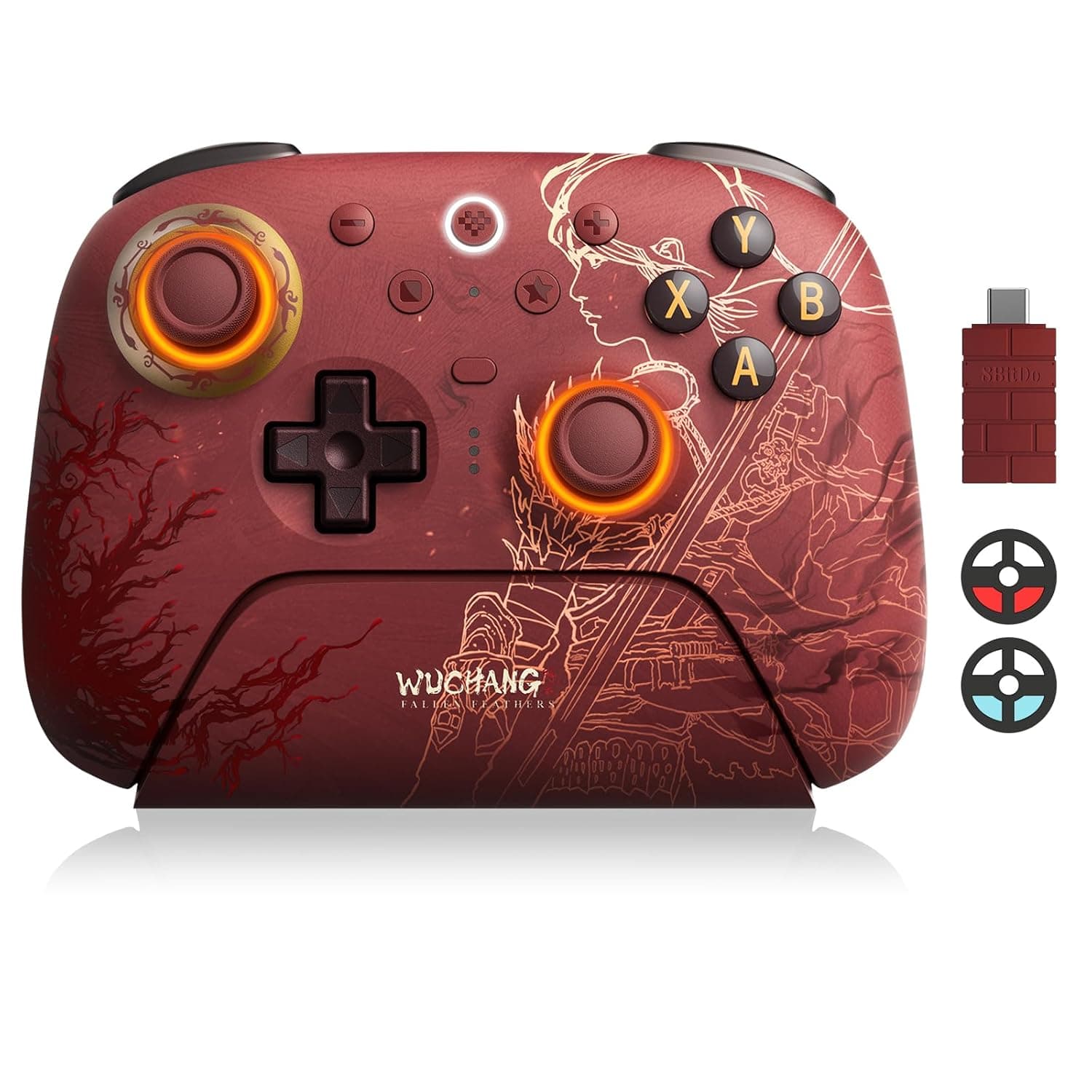 يد تحكم ألعاب فيديو من 8بيت دو طراز ألتيميت 2 لأجهزة ويندوز وأندرويد، تتصل عبر USB C، متوافقة مع أندرويد، مع إضاءة RGB وأزرار هول إفكت ووظيفة الاهتزاز وقاعدة شحن، باللون الأبيض