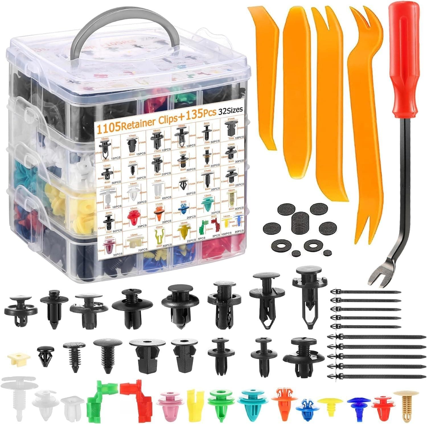Car Retainer Clips Set, 1240 Pieces, 32 Sizes with Removal Tools, Cable Ties and Fasteners for Toyota Ford Honda Chevy BMW Benz Audi Volkswagen Multiple Vehicle Brands