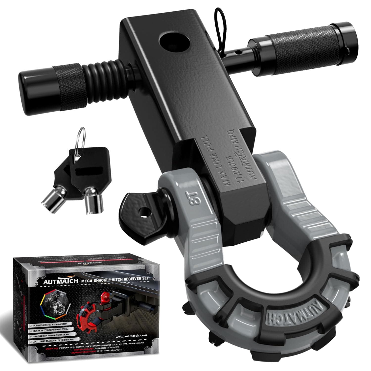 AUTMATCH Shackle Hitch Receiver 2" with 3/4" Mega D Ring Shackle and 5/8" Trailer Hitch Lock Pin, 68,000 Lbs Break Strength Heavy Duty Receiver Towing Kit for Off-Road Vehicle Recovery, Black & Gray | Heavy Duty Towing Receiver Kit with 3/4" Mega D-Ring & 5/8" Hitch Lock Pin for Jeep, Truck, Off-Road Recovery Black&Gray