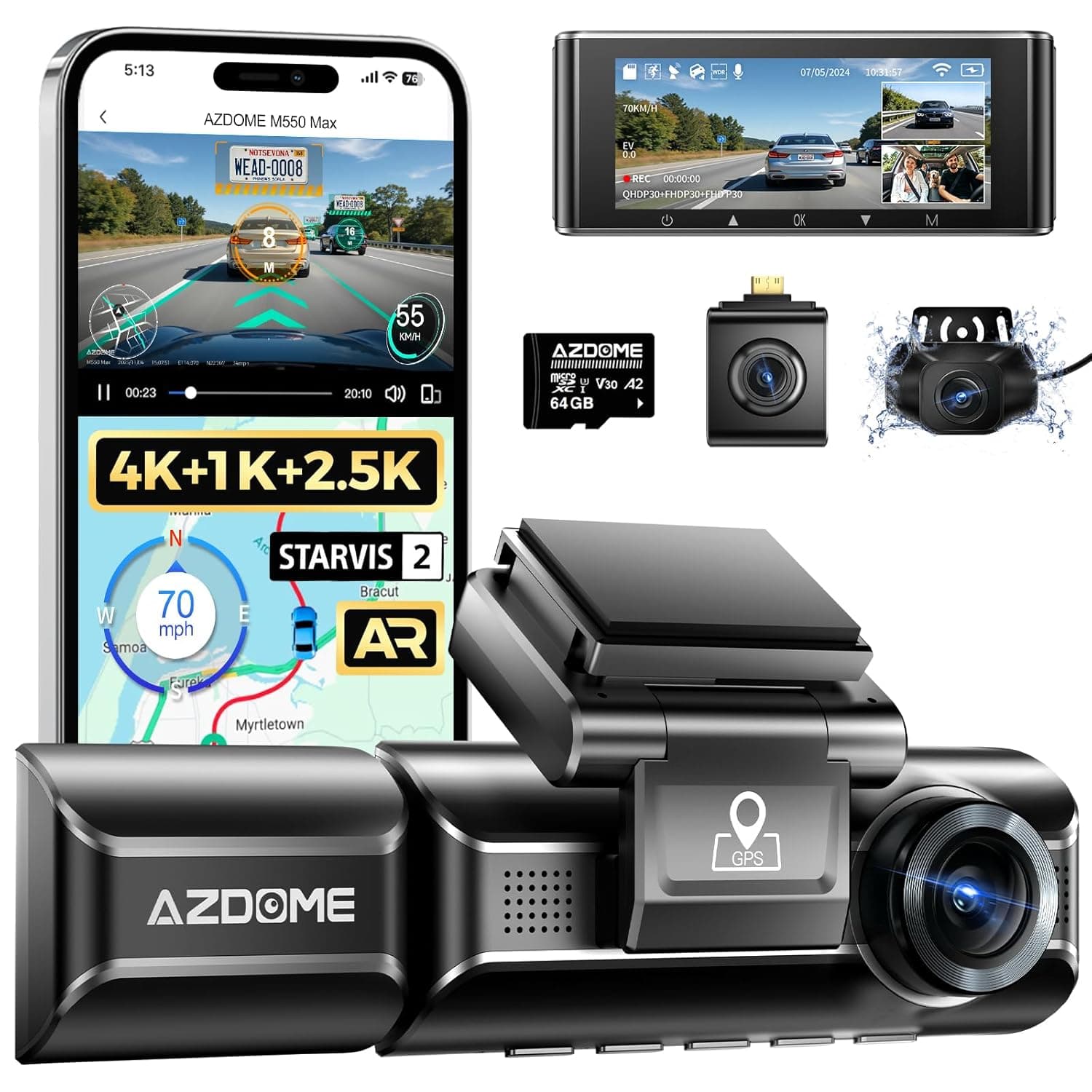 AZDOME داش كام 4K M550 MAX، تسجل بدقة 4K+1080P+2.5K dash cam أمامية وخلفية وداخلية، مزودة بـ Dual STARVIS، بطاقة 64GB، WiFi، GPS، رؤية ليلية فائقة، مراقبة وقوف السيارات، تسجيل مستمر، WDR، ومستشعر G.