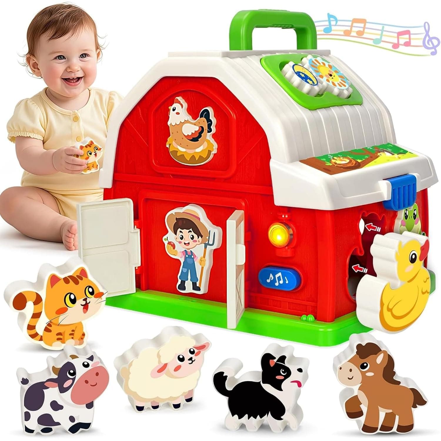 Soofam Montessori Baby Toys, Musical Farm Animal Barn Toys, Shape Sorting Fine Motor Skill Learning Toy for Toddlers, Birthday Gift for Boys Girls