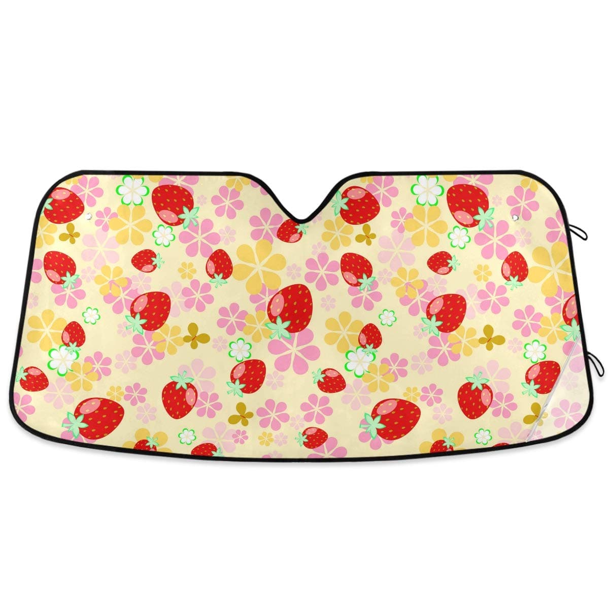Cute Strawberry Car Windshield Sun Shade Butterfly Flower Pink Floral Foldable UV Ray Sun Visor Protector Sunshade to Keep Your Vehicle Cool (55" x 27.6")