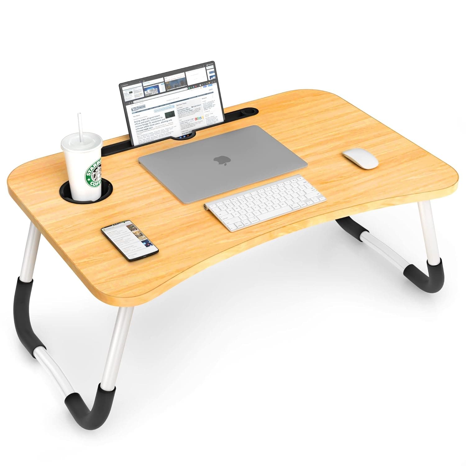 Lap Desk, Foldable Laptop Table for Bed Portable Bed Desk for Laptop with Cup Holder, Laptop Desk Bed Trays for Working, Eating and Writing (Gold)