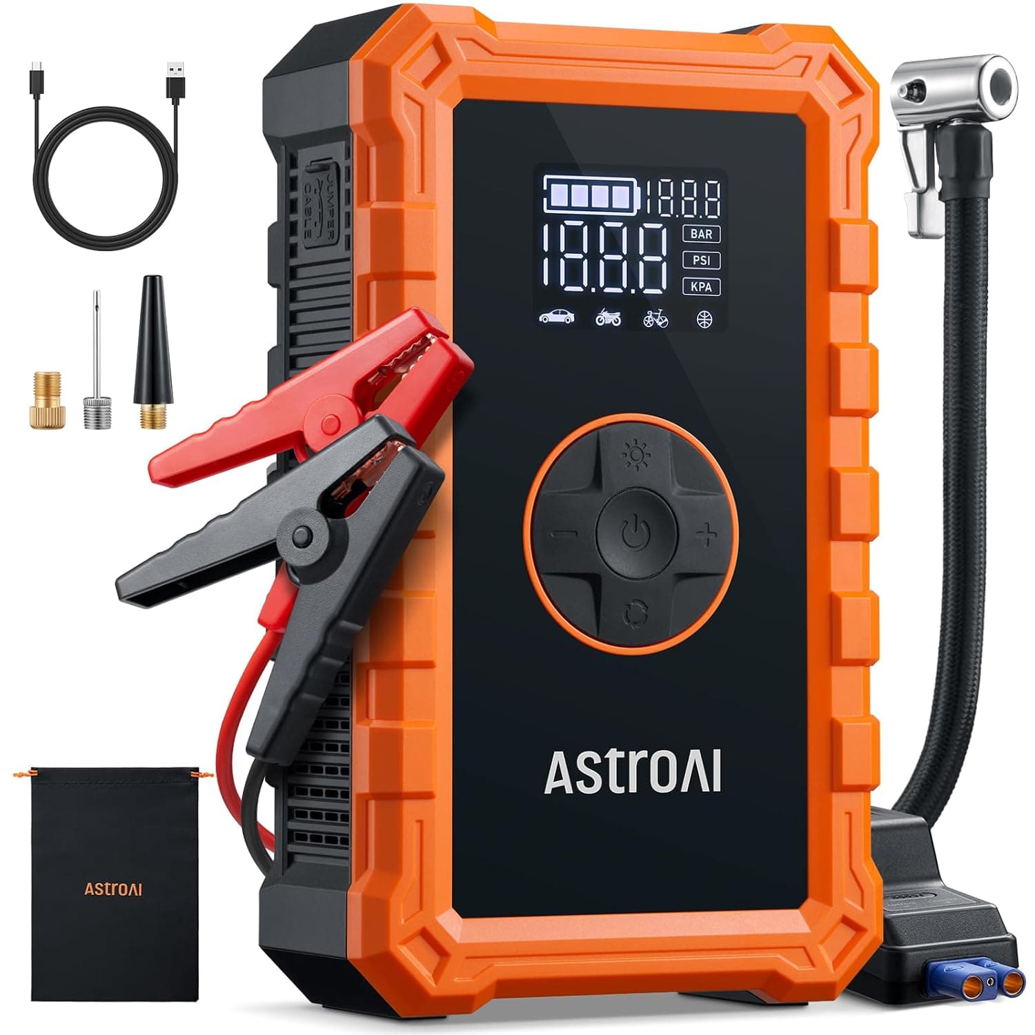 AstroAI Jump Starter with Air Compressor, Car Battery Jumper Starter Portable (6.0 Gas/3.0L Diesel) with 150PSI Cordless Auto-Shutoff Tire Inflator, 12V Battery Charger Booster Box(Orange)