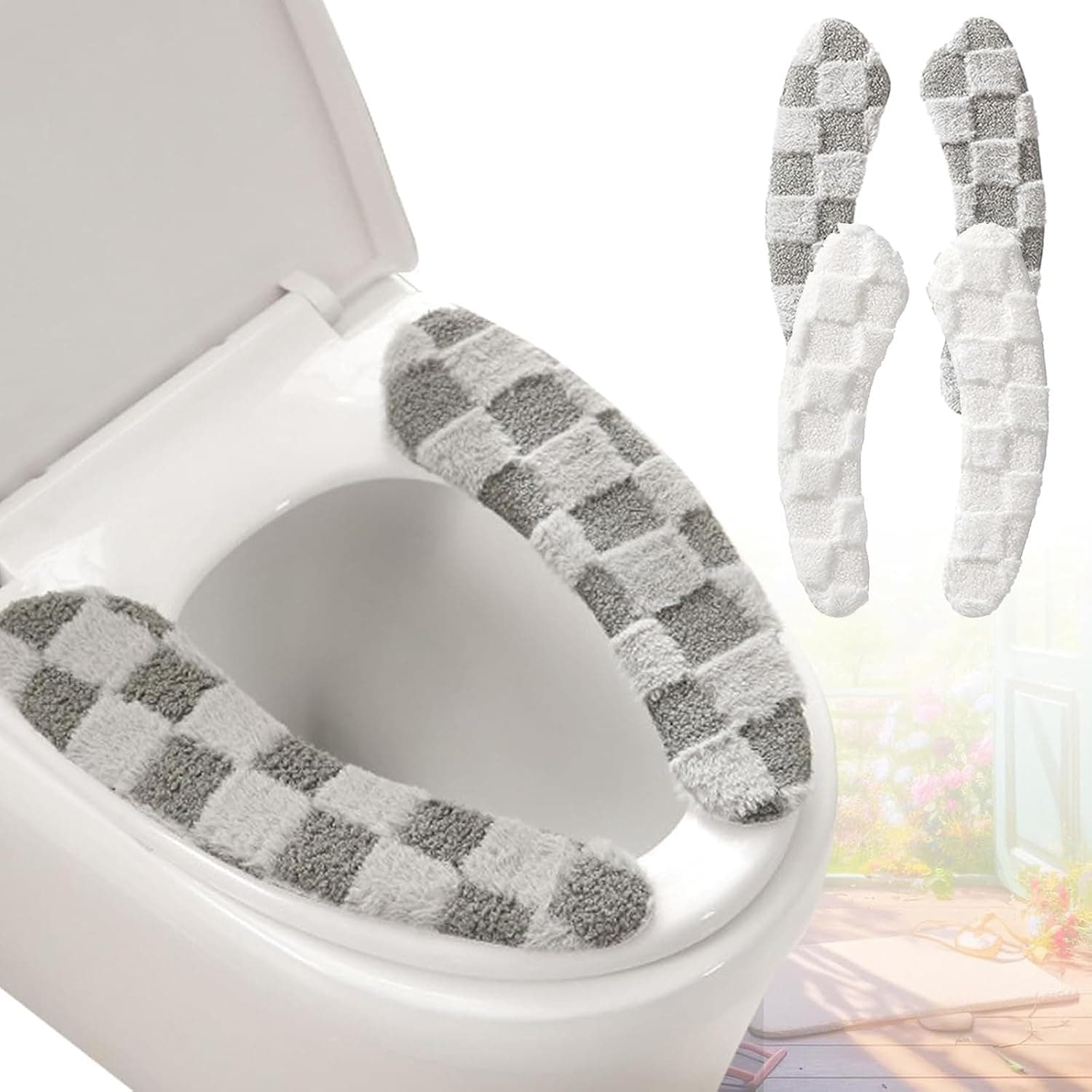 Tazweeq 2Pcs Thick Plush Toilet Seat Cover Washable TPR Adhesive Checkered | 8mm sponge interlayer, soft velvety surface, residue-free adhesion, universal fit, hair-resistant, easy to clean