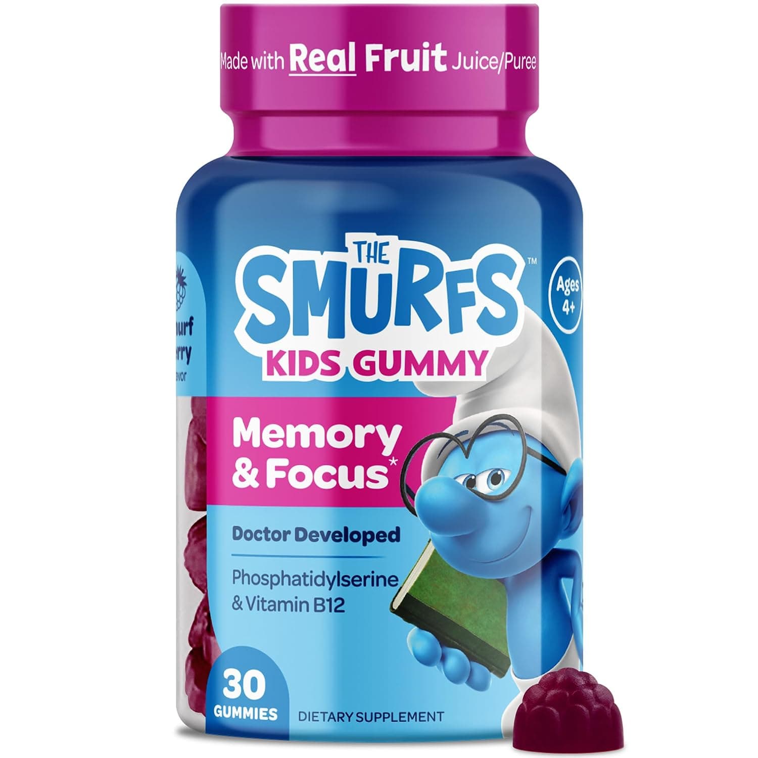VITABURST Smurfs Gummies Concentration for Kids | Child Focus and Attention Supplement with Phosphatidylserine | Made with Real Fruit | Doctor Developed | Non-GMO or Non-GMO