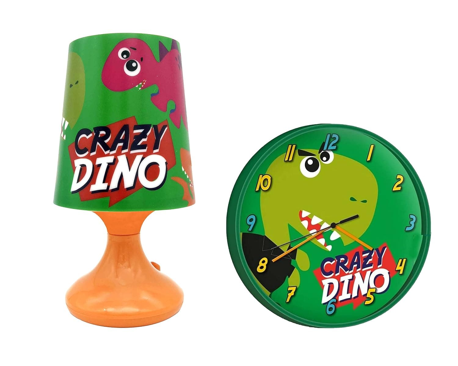 HOVUK® 2Pcs Kids Bedroom Set, Analog Wall Clock and Table Lamp with Beautiful Printed Character Crazy Dino, Wall Mounted Clock and Bedside Night Lamp for Room Decoration, Battery Operated