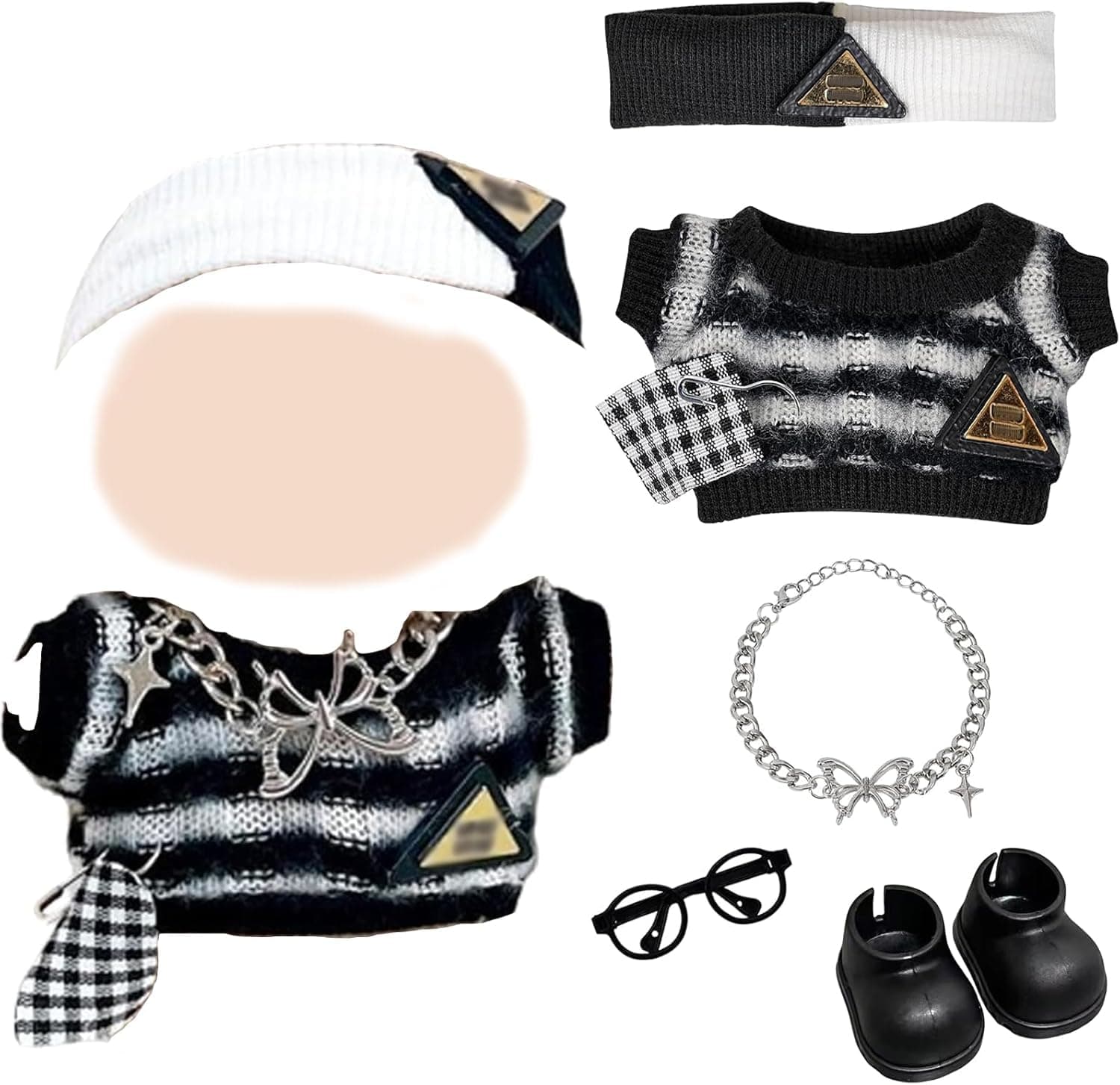 Hip Hop Clothing Set for Labubu 1/2/3 Generation Doll, Accessories Set with Headband Clothes Necklace Glasses & Shoes, Dolls Clothes Accessories for 17cm Plush Dolls for Kids Gifts (Doll Not Included)