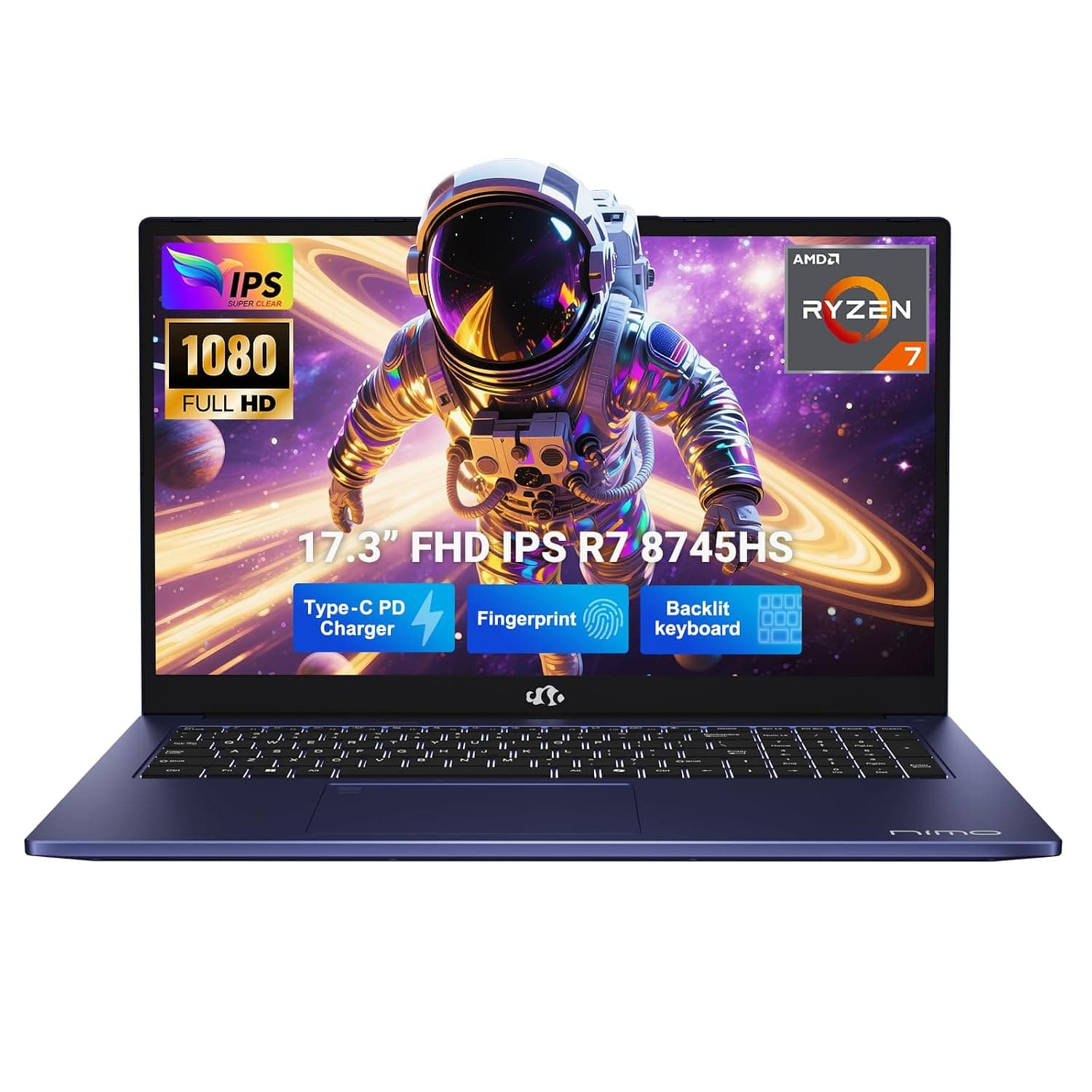 NIMO 17.3" Gaming-Laptop, 8 Cores Ryzen 7 8745HS 32GB DDR5 RAM 2TB SSD (Beat R9 6900HX, up to 4.9GHz) Radeon 780M GPU IPS FHD 100W Type-C Fingerprint, Backlit Keyboard