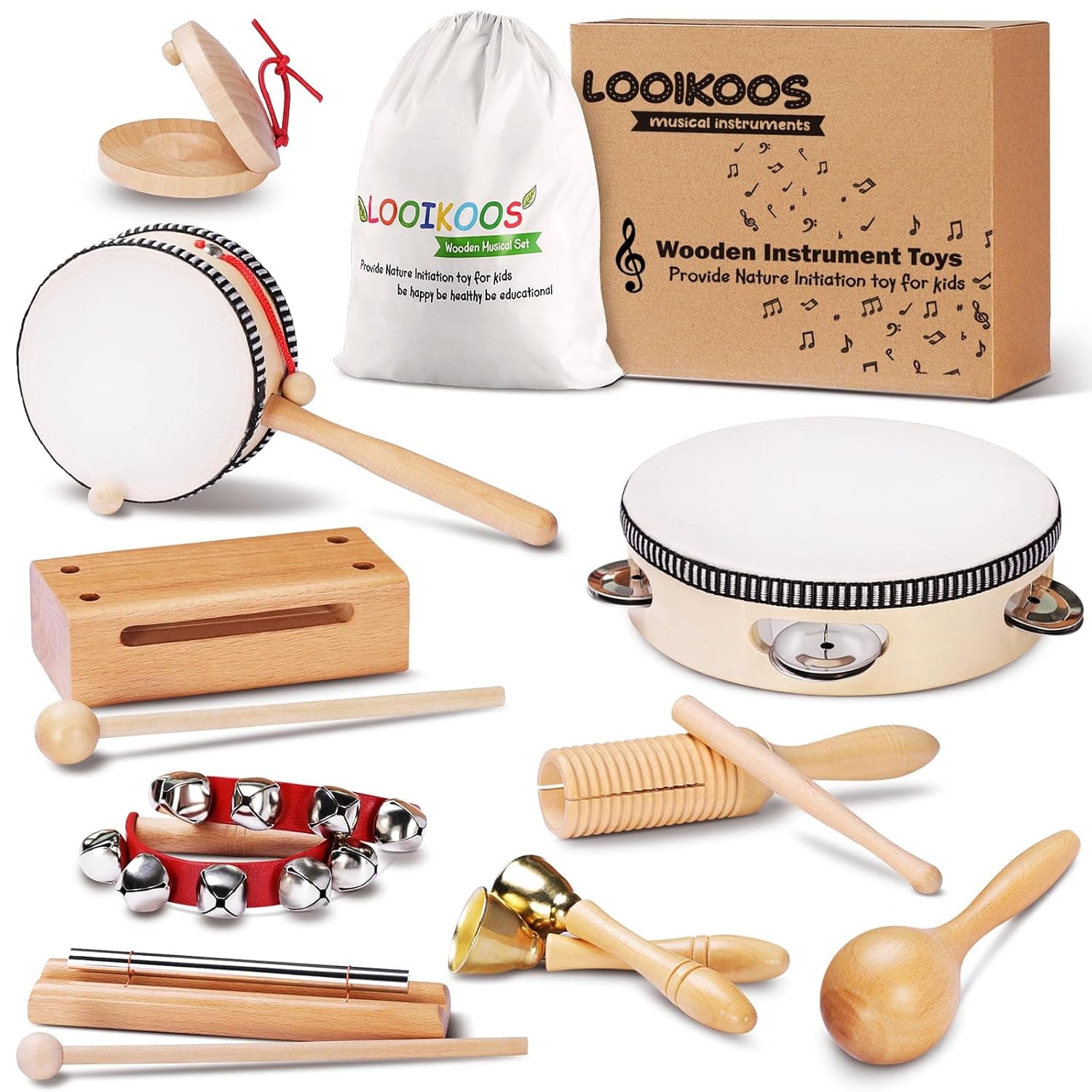 LOOIKOOS Toddler Musical Instruments Natural Wooden Percussion Instruments Toy for Kids Preschool Educational, Musical Toys Set for Boys and Girls with Storage Bag