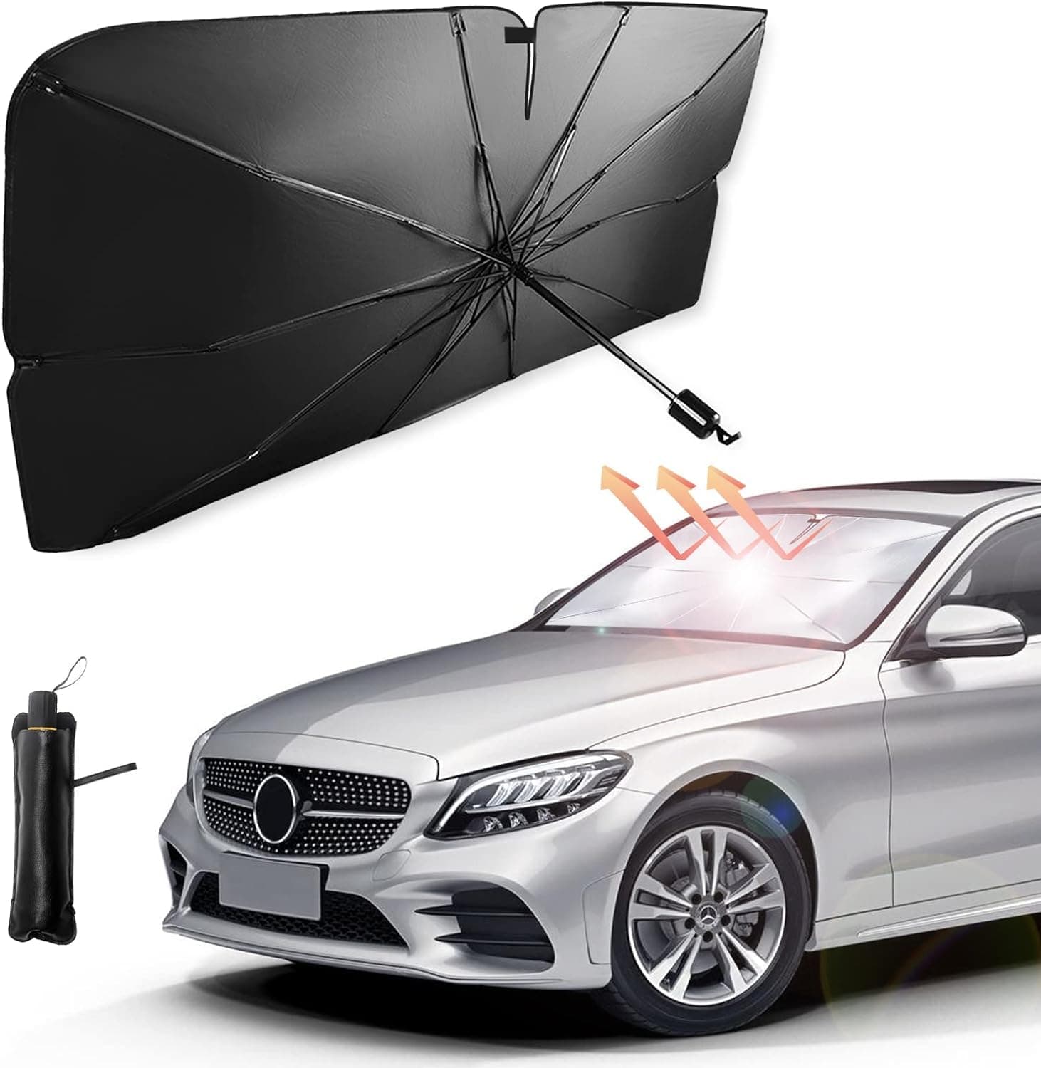 SKY-TOUCH Car Windshield Sun Shade Umbrella,Car UV Sunshade Umbrella Windshield Block Cover,Foldable Car Sun Visor Windshields Sun Shade Cover for Most Car with Leather storage pocket 140 * 80cm