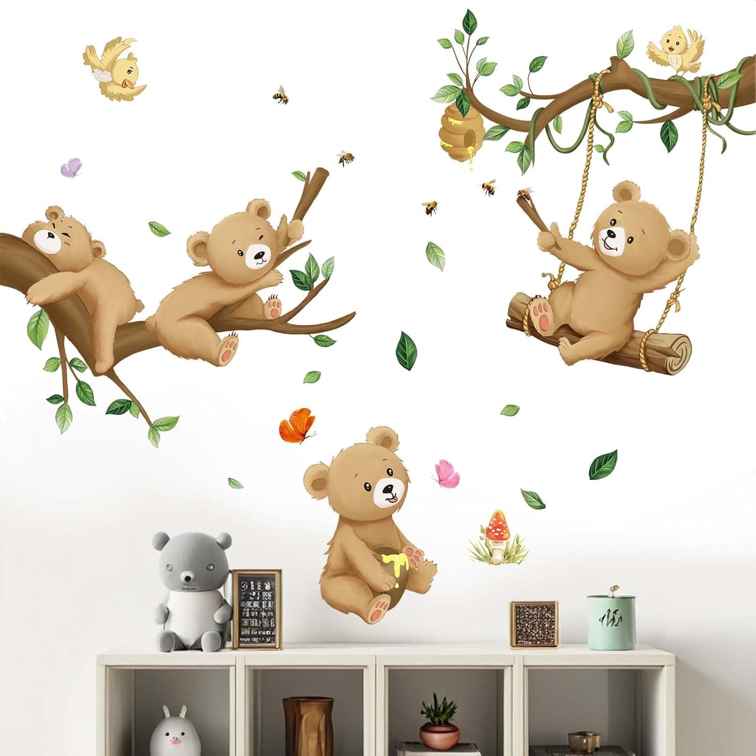 Woodland Bear Wall Stickers - Baby Animal Tree Branch Wall Decals - Nursery Kids Girls Boys Room Daycare Playroom Classroom Wall Decor