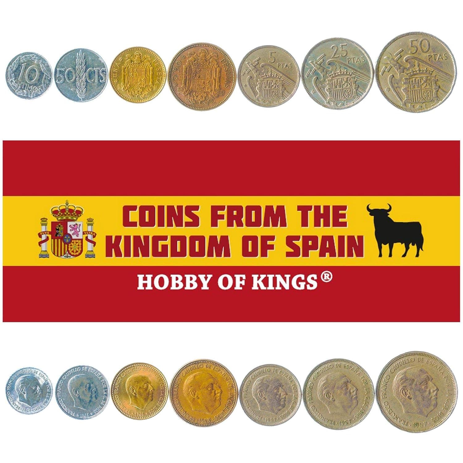 7 Coins from Spain | Spanish Coin Set Collection | 10 50 Centimos 1 2.5 5 25 50 Pesetas | Circulated 1946-1966 | Francisco Franco