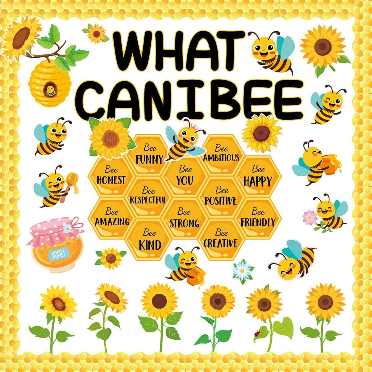 Stickers Set, Bee Themed Bulletin Board Decoration, Bees, Honeycomb, Sunflowers with Adhesive Dots for Classroom, Nursery, Kids Room, Teacher Supplies, DIY Party & Wall Decor