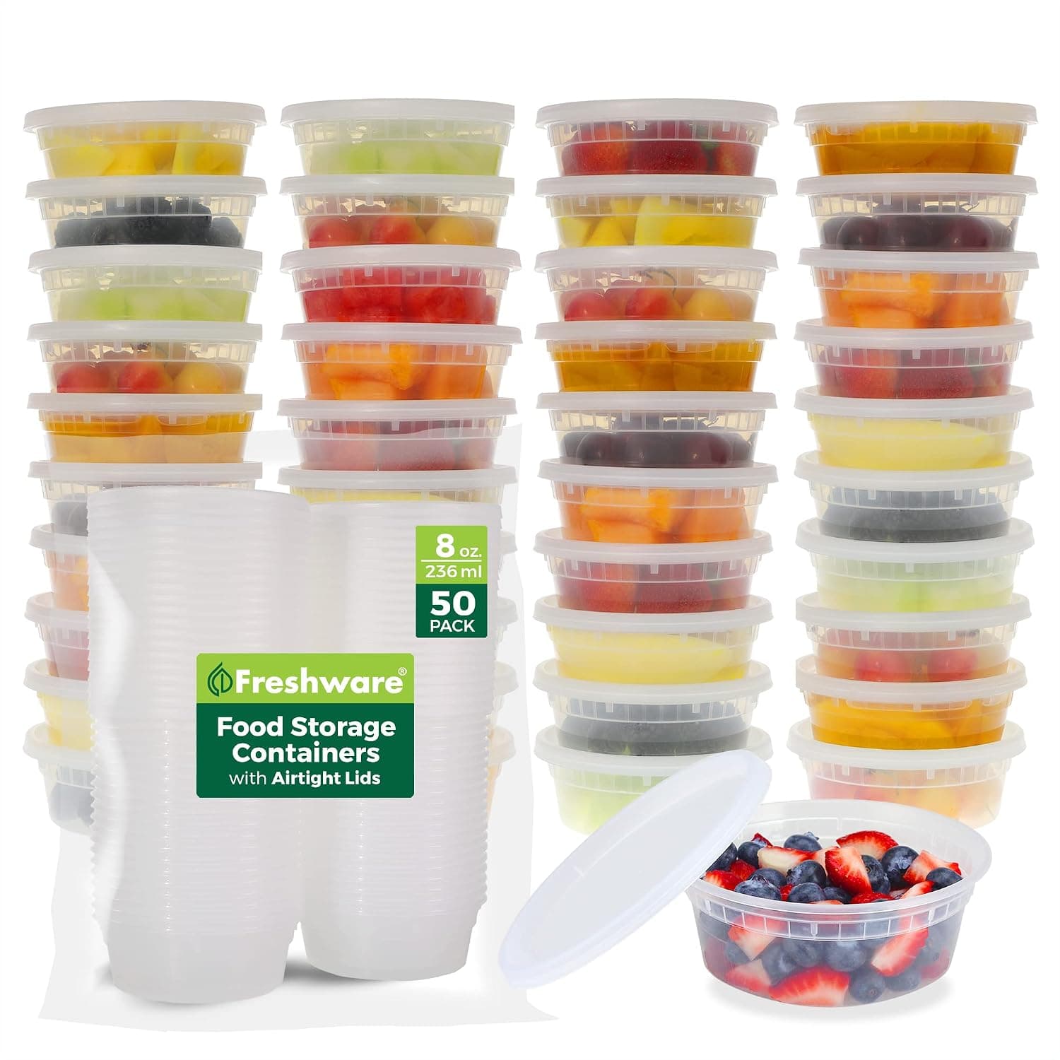 Freshware Food Storage Containers [50 Pack] 8 oz Plastic Containers with Lids, Deli, Slime, Soup, Meal Prep Containers | BPA Free | Stackable | Leakproof | Microwave/Dishwasher/Freezer Safe