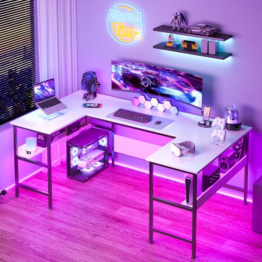 Gaming Desk 180cm with Storage, U Shaped Computer Desk for Home Office, Corner Shaped Workstation Table, 100x180x75cm (White)