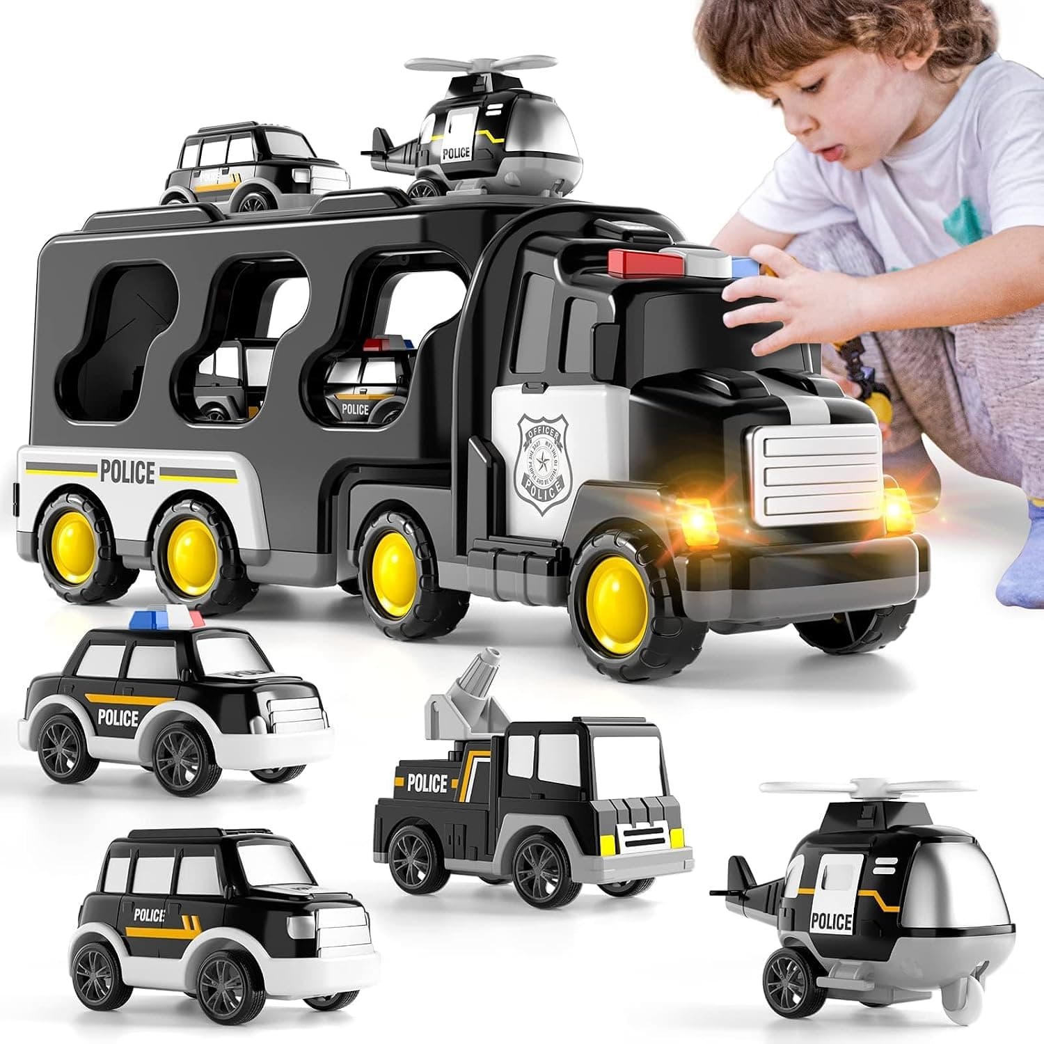 Joyzzz Car Toy Car, Black Friction Powered Toy Vehicle with Light and Sound, Fun Pretend Play Truck for Kids Boys Girls Ages 3+ Years Old