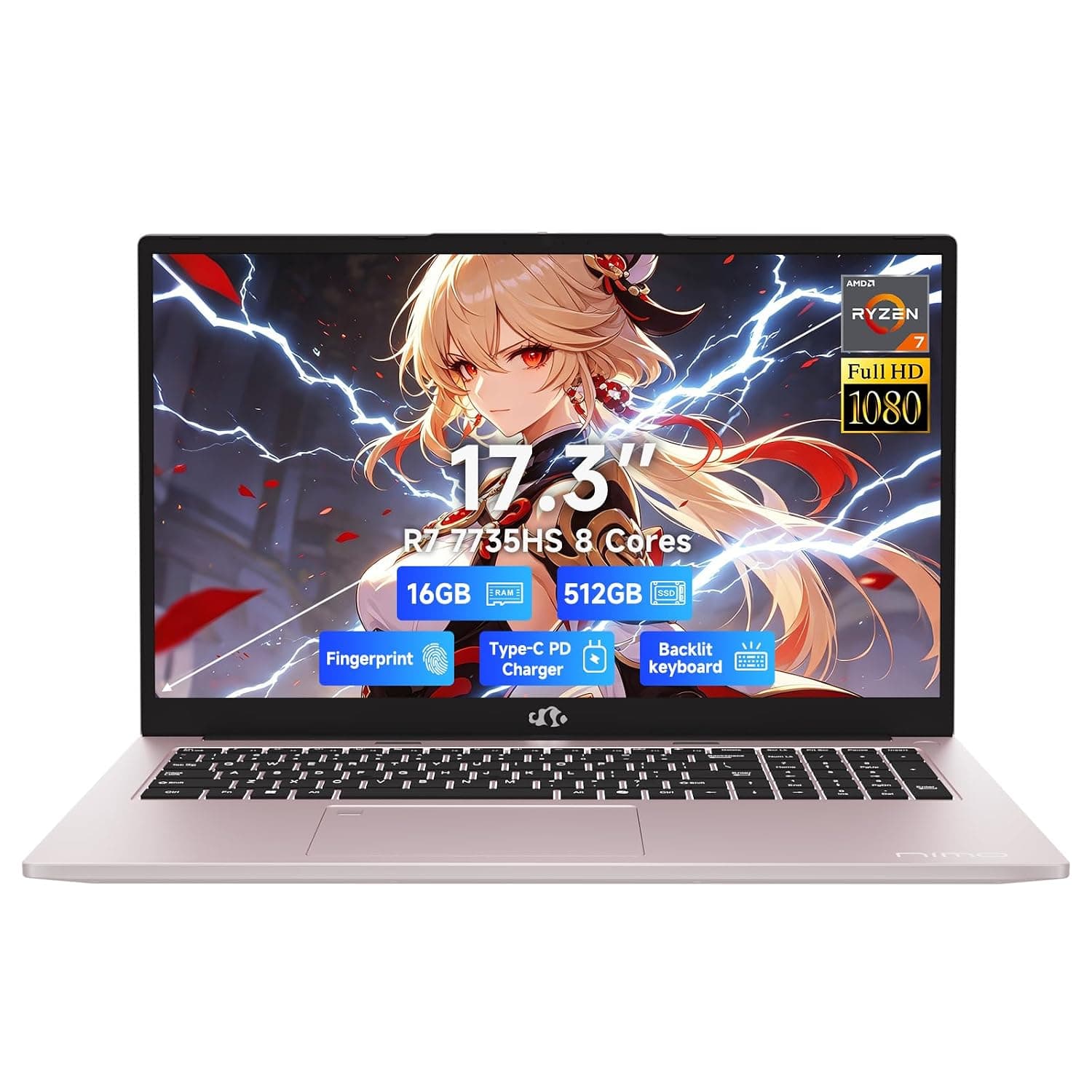 Nimo 17.3" FHD IPS Laptop, Ryzen 7 7735HS(8C/16T, Beats i7-12650H) 16GB DDR5 RAM 512GB SSD, Radeon 680M GPU Backlit Keyboard Fingerprint Reader Win 11 Computer with 100W PD Fast Charging
