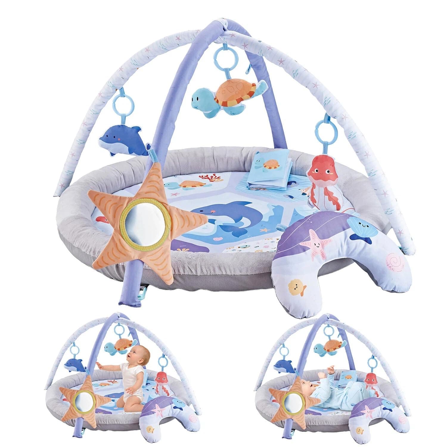 BOOM Baby Activity Gym & Play Mat – Extra Large 88cm (35") Round Foldable Ocean Theme, 6 Detachable Sea Creature Toys, 51cm (20") High Arch – Soft Washable Tummy Time Mat for Newborns 0-18 Months