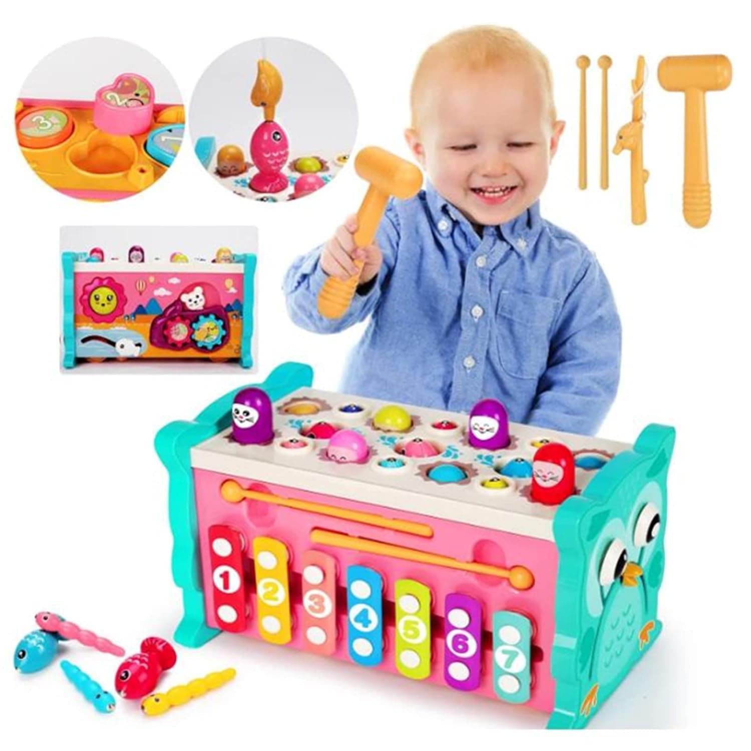 Soofam 8 in 1 Toddler Activity Cube, Baby Montessori Developmental Toy Fine Motor Skills,Educational Hammering Toys Sensory Fishing Games Xylophone Shape Sorter Busy Toy for 1-4 Year Old Boy Girl Gift