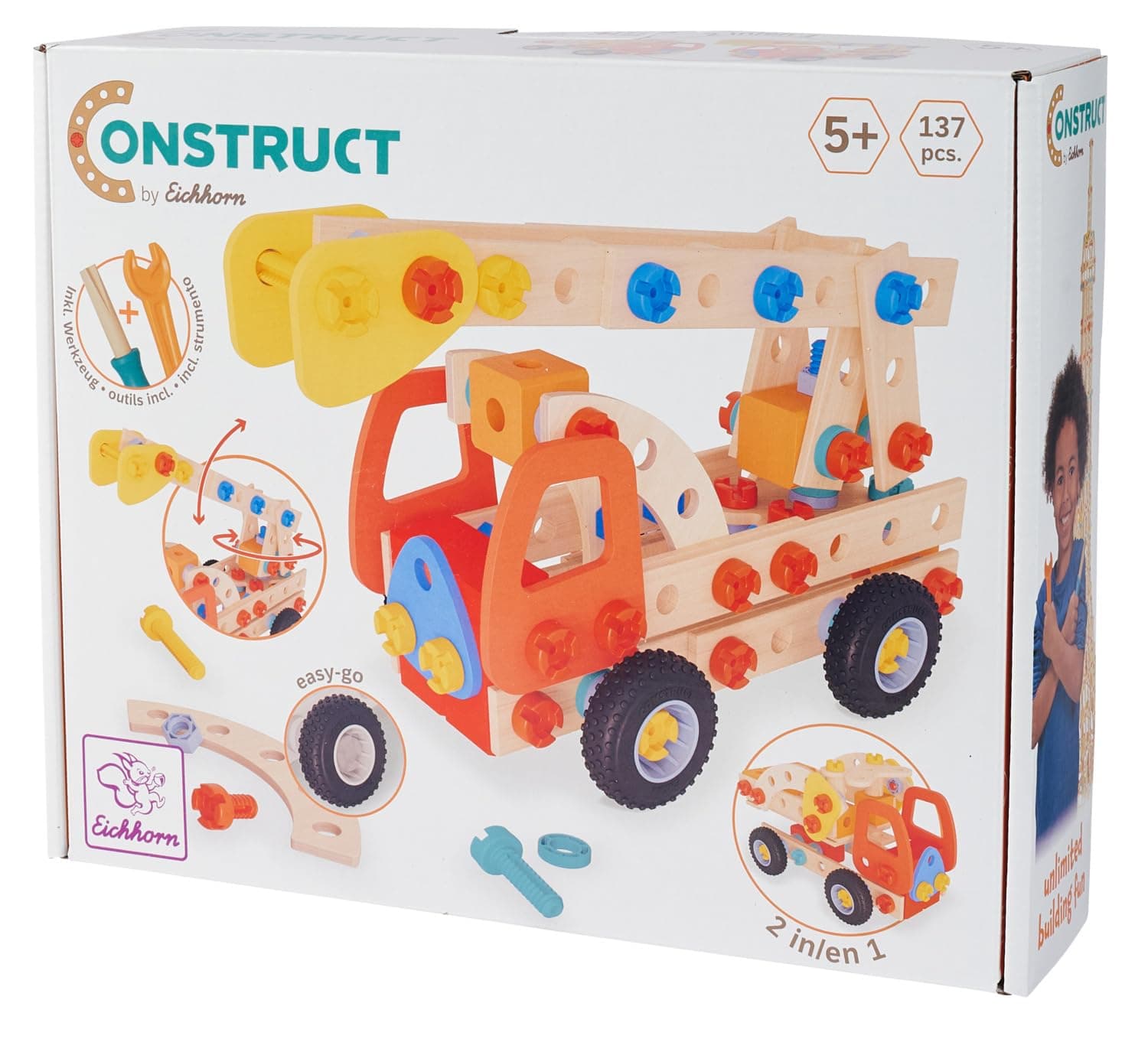 Eichhorn Construct Fire Brigade - 137-Piece 2-in-1 Construction Toy with Extendable Ladder to Promote Motor Skills, Can be Combined with All Sets, FSC Certified Wood, from 5 Years