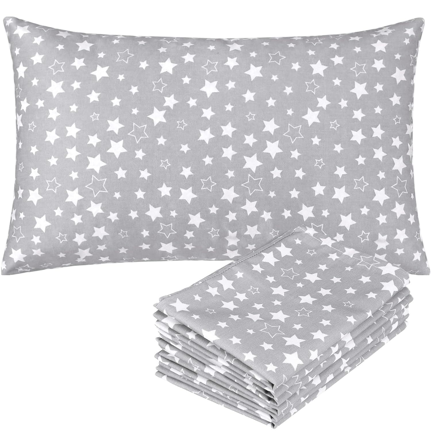 Peryiter 6 Pack Toddler Pillowcases for Daycare, 9x14 Inch Soft Microfiber Kids Pillow Covers with Stars Mini Envelope Closure Pillowcases for Girl Boy Toddler Bed Travel Nap Sleeping Pillow(Gray)