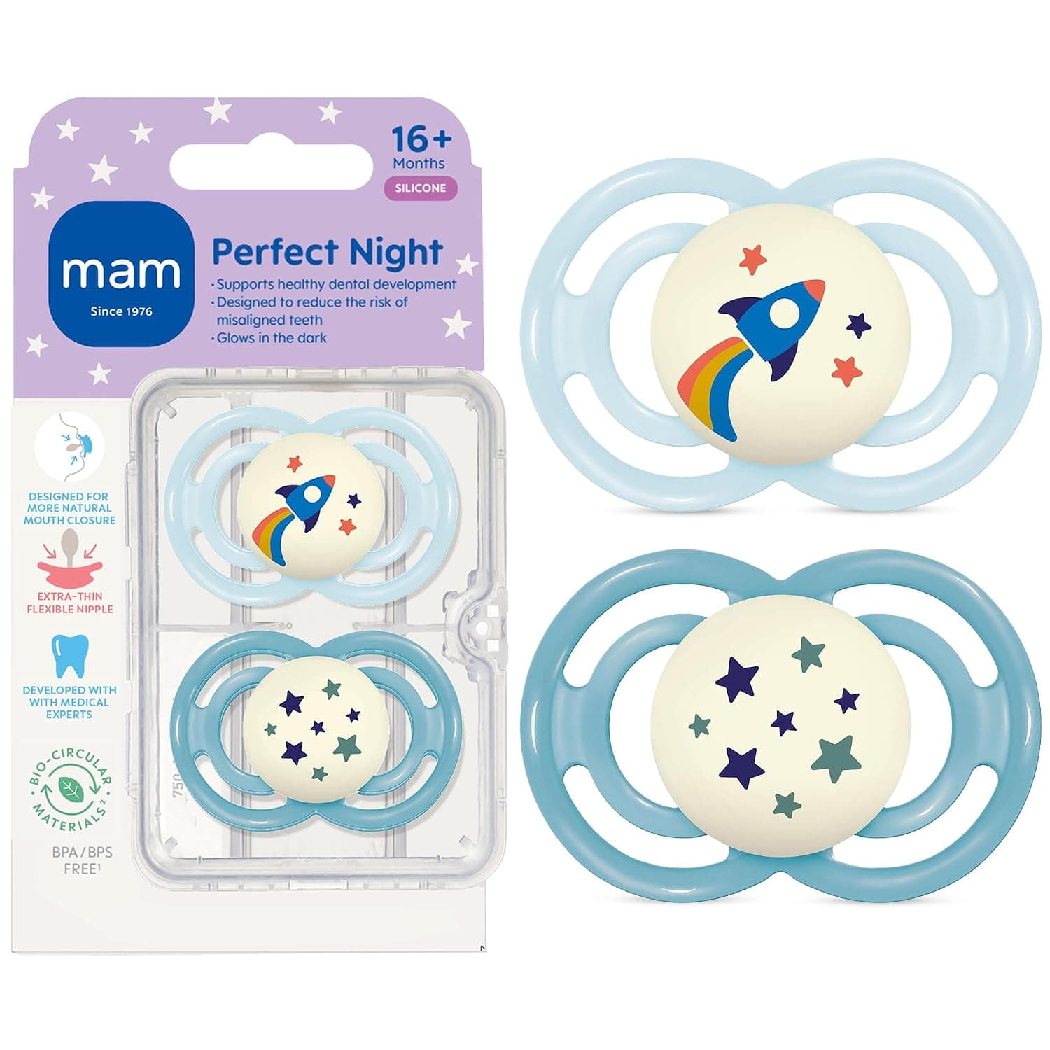 MAM Perfect Night Baby Pacifier, Patented, Glows in the Dark, 2 Pack, 16+ Months, Blue/Boy,2 Count (Pack of 1)