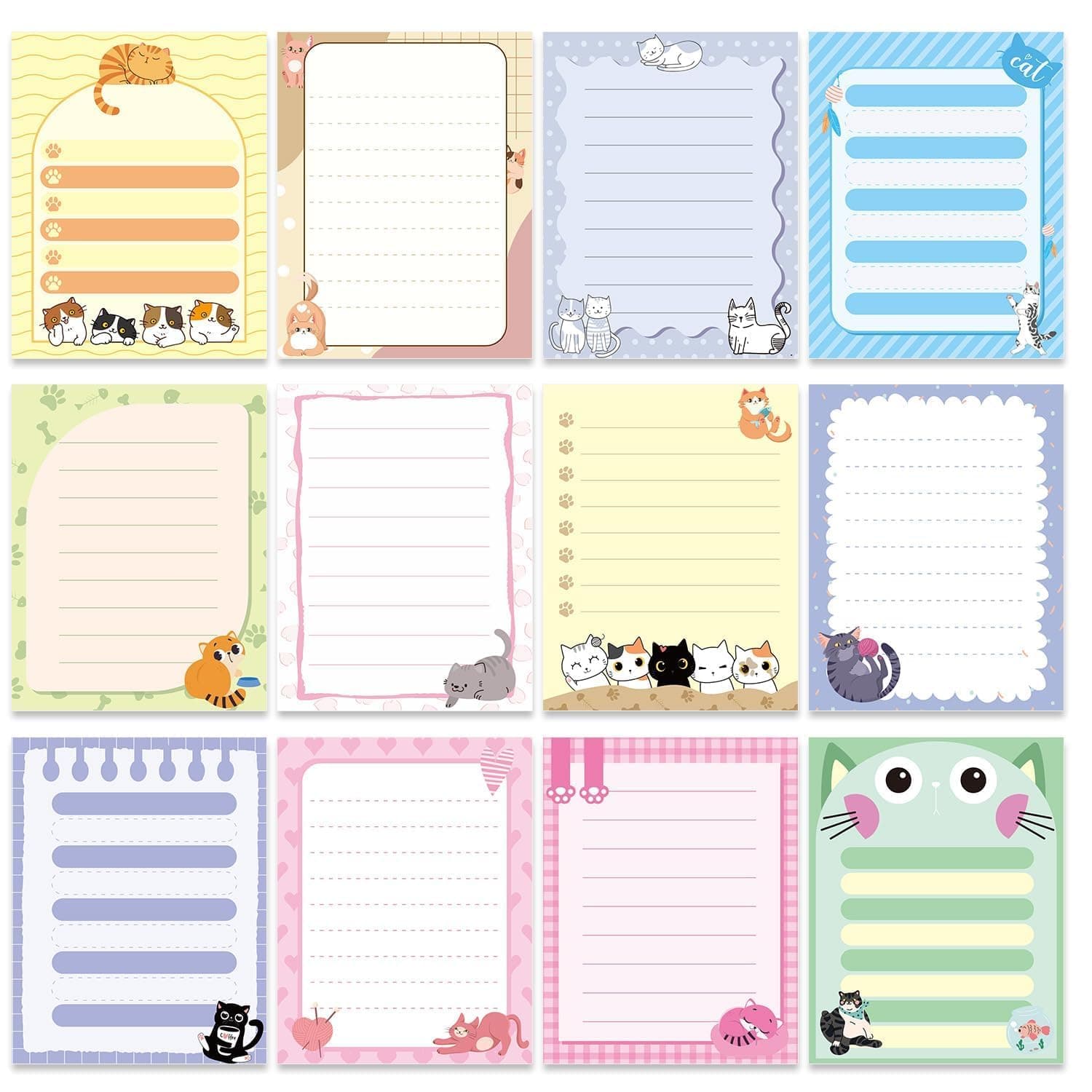 ALMEKAQUZ 12 Pack Cats Sticky Notes, Cute Cartoon Kitten Memo Pads, Fun Cat-Themed Office and School Supplies, Ideal for Cat Lovers, Planner and Journal Accessories (360 Sheets,10 * 7.62CM)