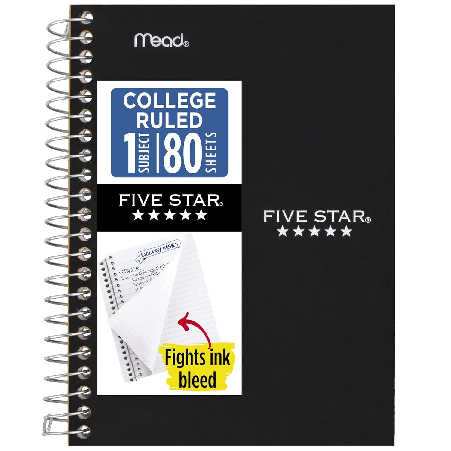 Five Star Spiral Notebook, 1 Subject, College Ruled Paper, Personal Size, 4-3/8" x 7", 80 Sheets, Fights Ink Bleed, Water Resistant Cover, Black (450048AA2-ECM)